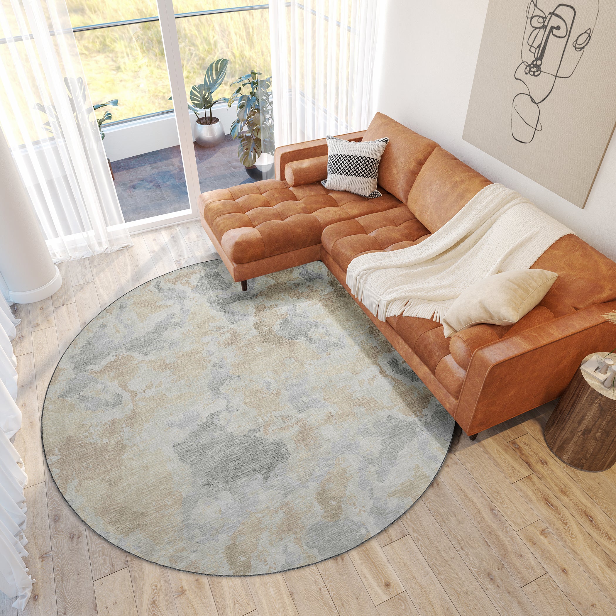 Luxury Machine Washable Indoor/Outdoor Transitional CM2 Stucco Brown Rug 8' x 8' #shape_Round