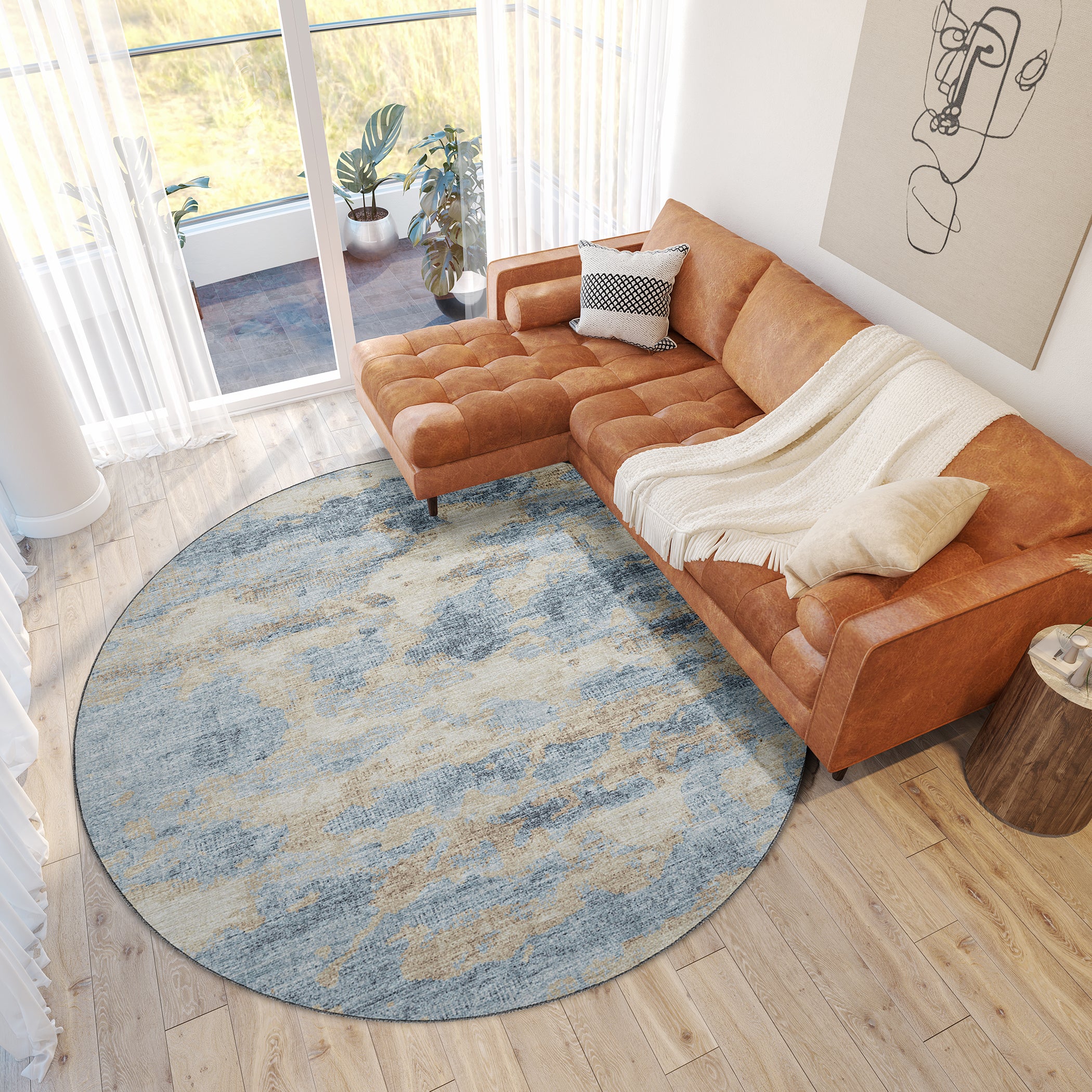 Luxury Machine Washable Indoor/Outdoor Transitional CM6 Indigo Blue Rug 8' x 8' #shape_Round