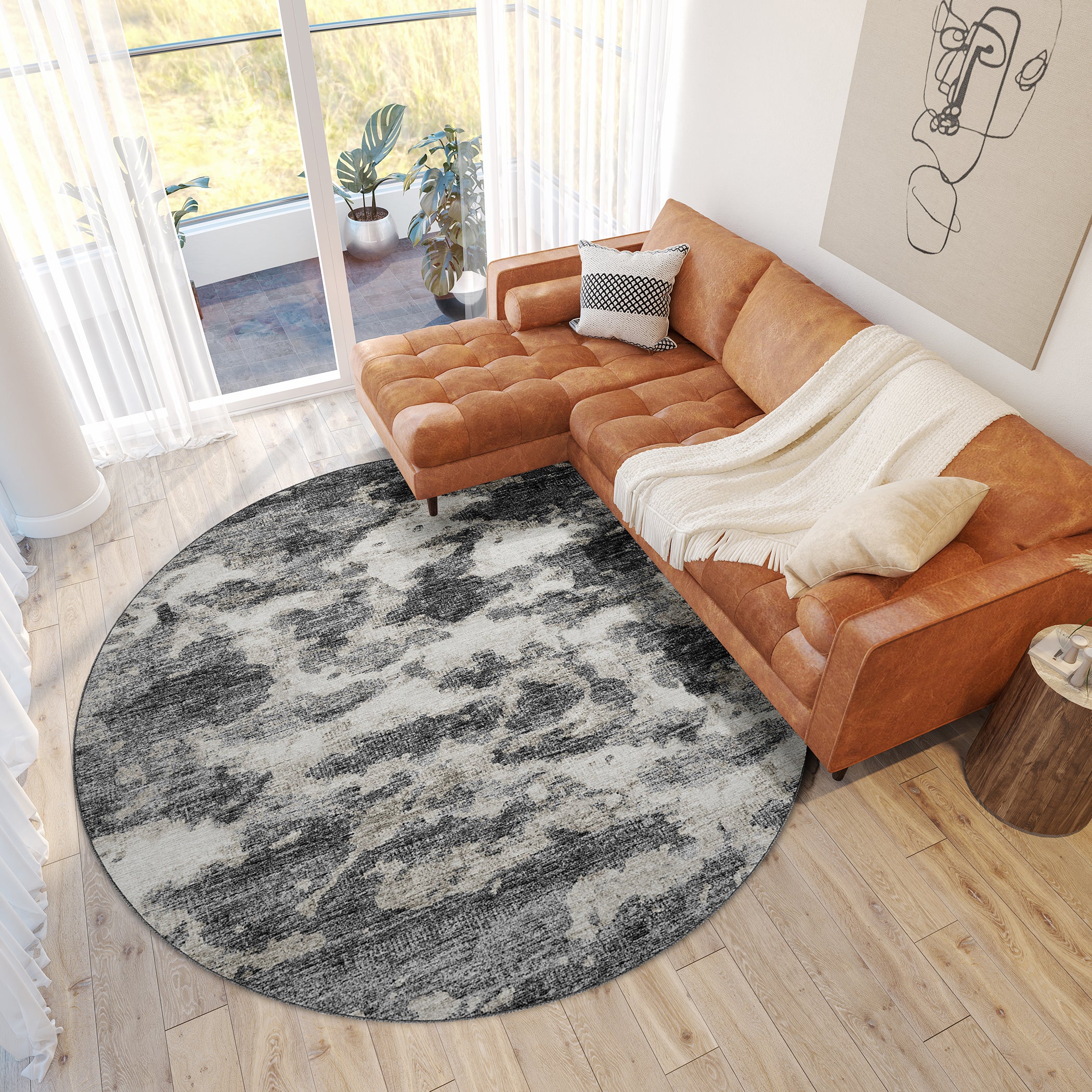 Luxury Machine Washable Indoor/Outdoor Transitional CM6 Midnight Black Rug 8' x 8' #shape_Round