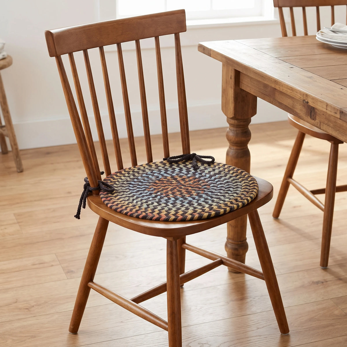 Confetti Braided Chair Pad - Brown Velvet - tied on a wooden Windsor dining chair