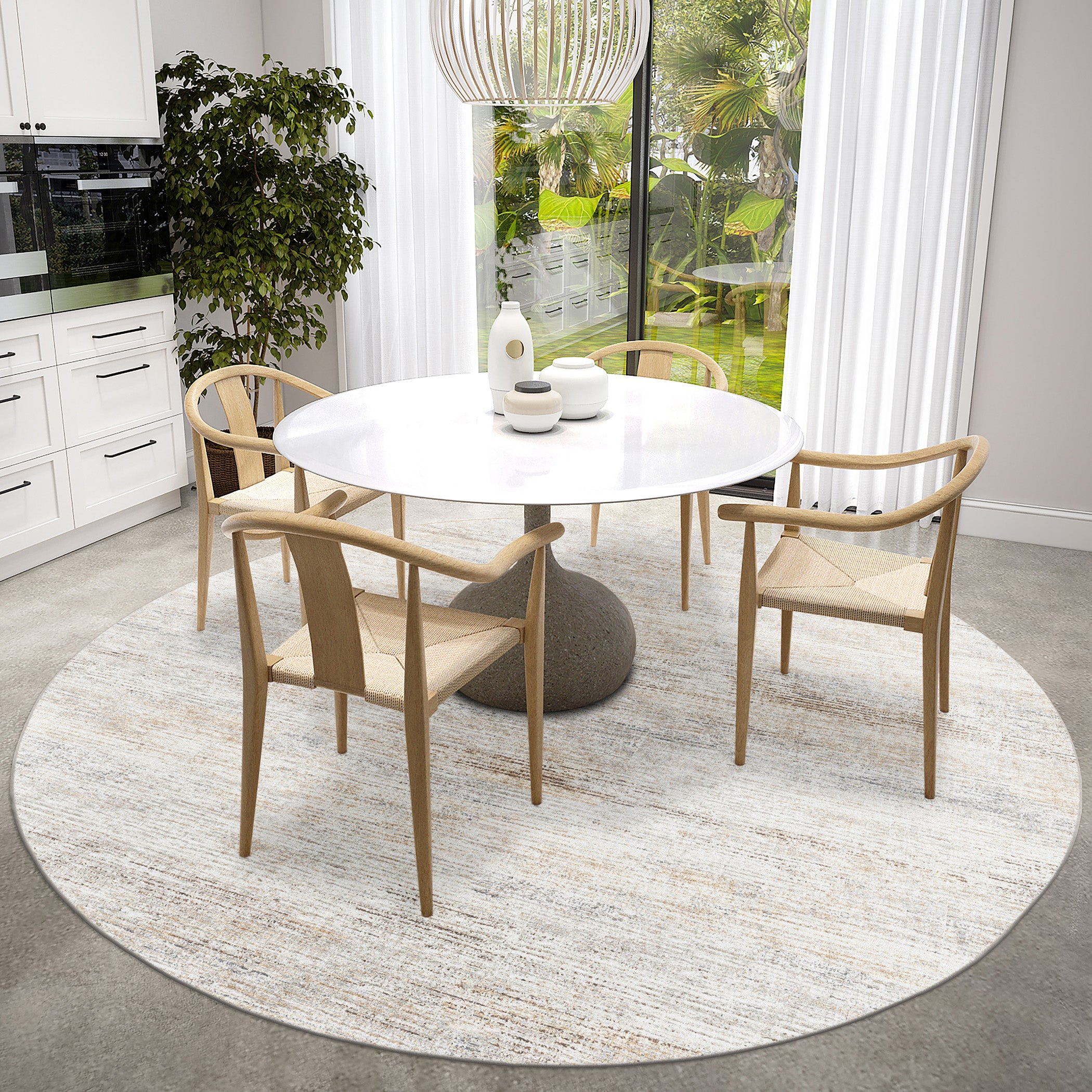 Indoor/Outdoor Transitional CR1 Linen Ivory Rug 4' x 4' #shape_Round