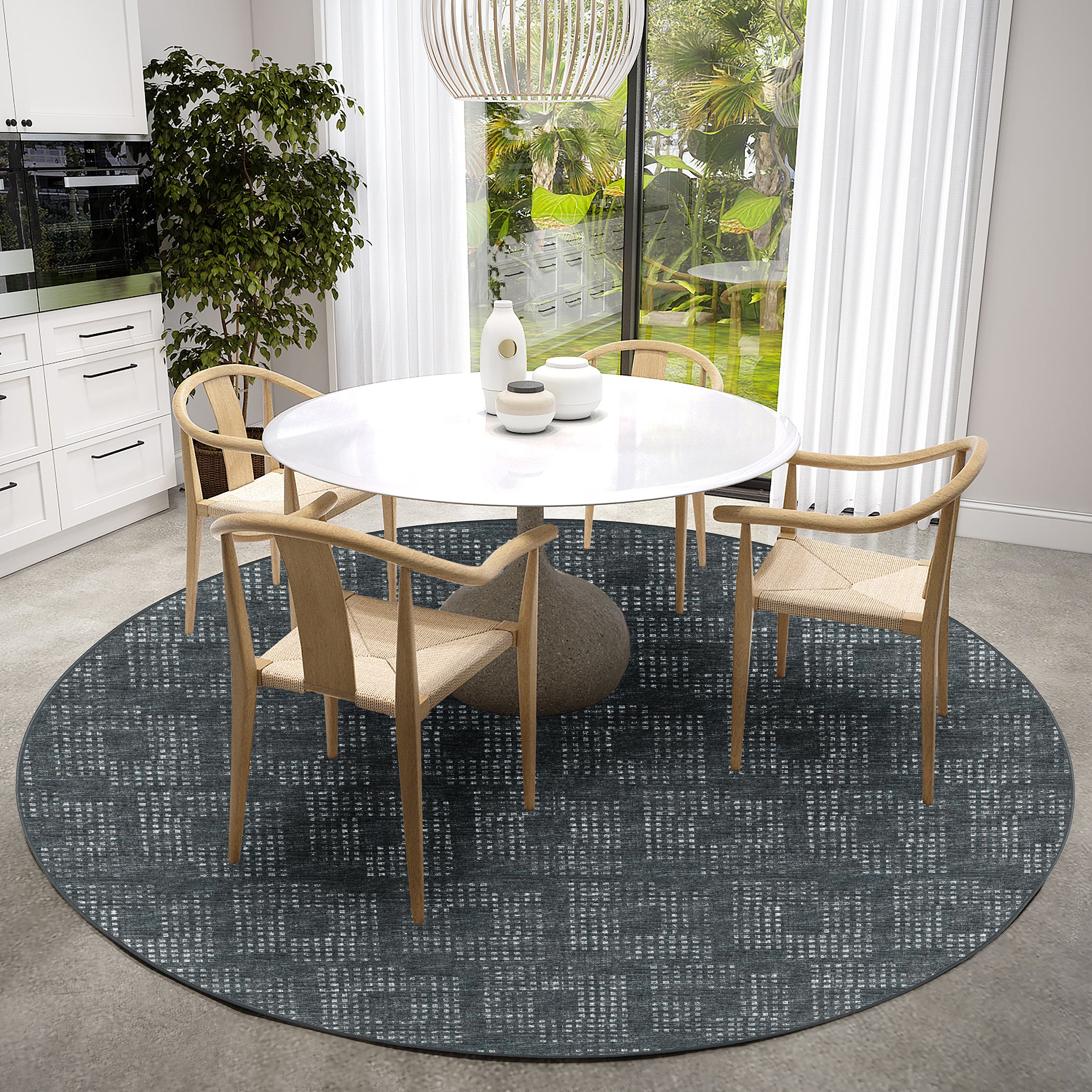 Indoor/Outdoor Transitional DA1 Midnight Black Rug 4' x 4' #shape_Round