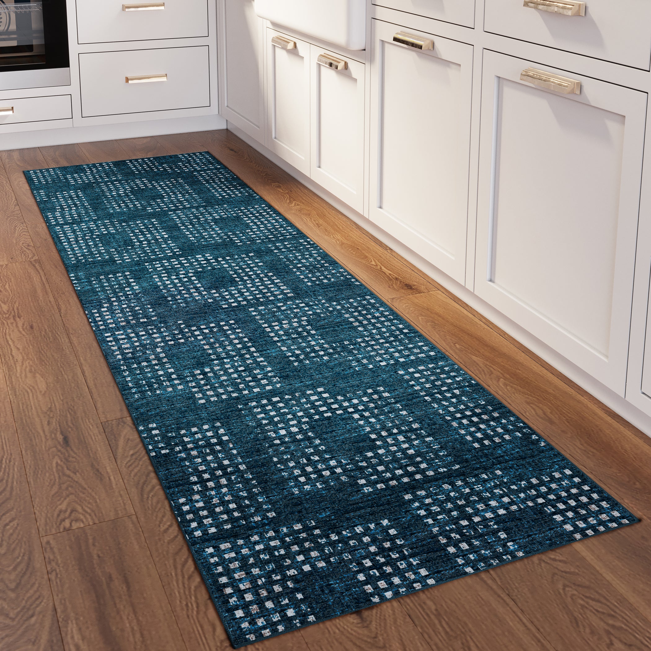 Indoor/Outdoor Transitional DA1 Navy Blue Rug 2'6" x 10' #shape_Runner