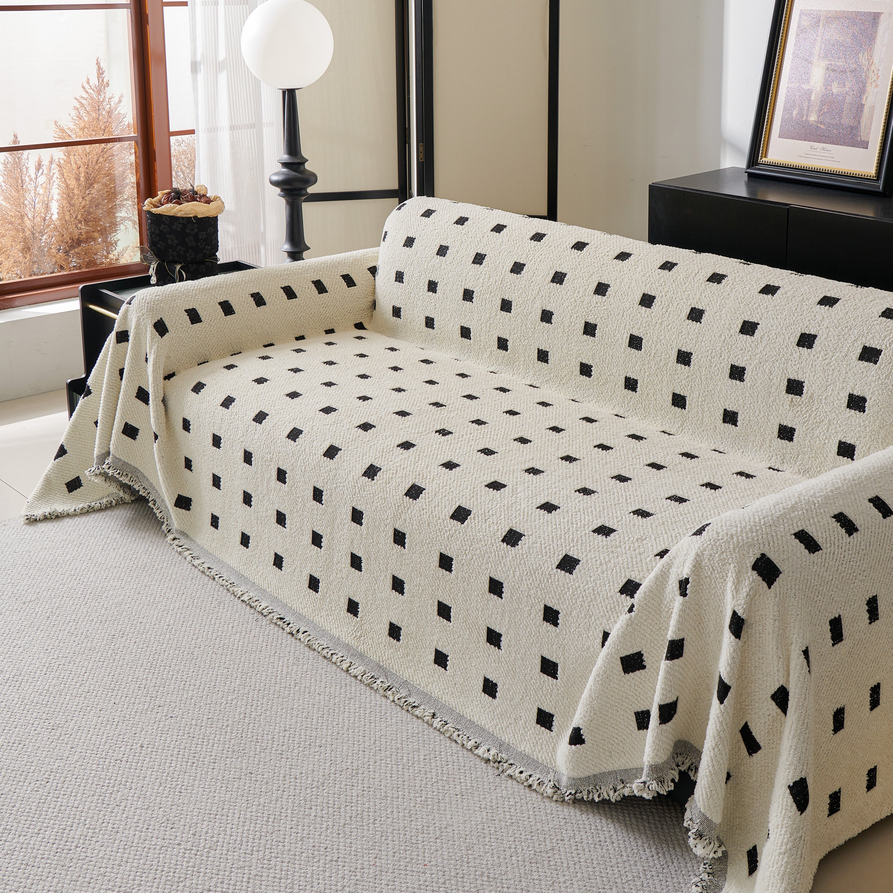 Sofa Throw Blanket with Woven Geometric Pattern & Tassels, Soft & Thick Couch Cover