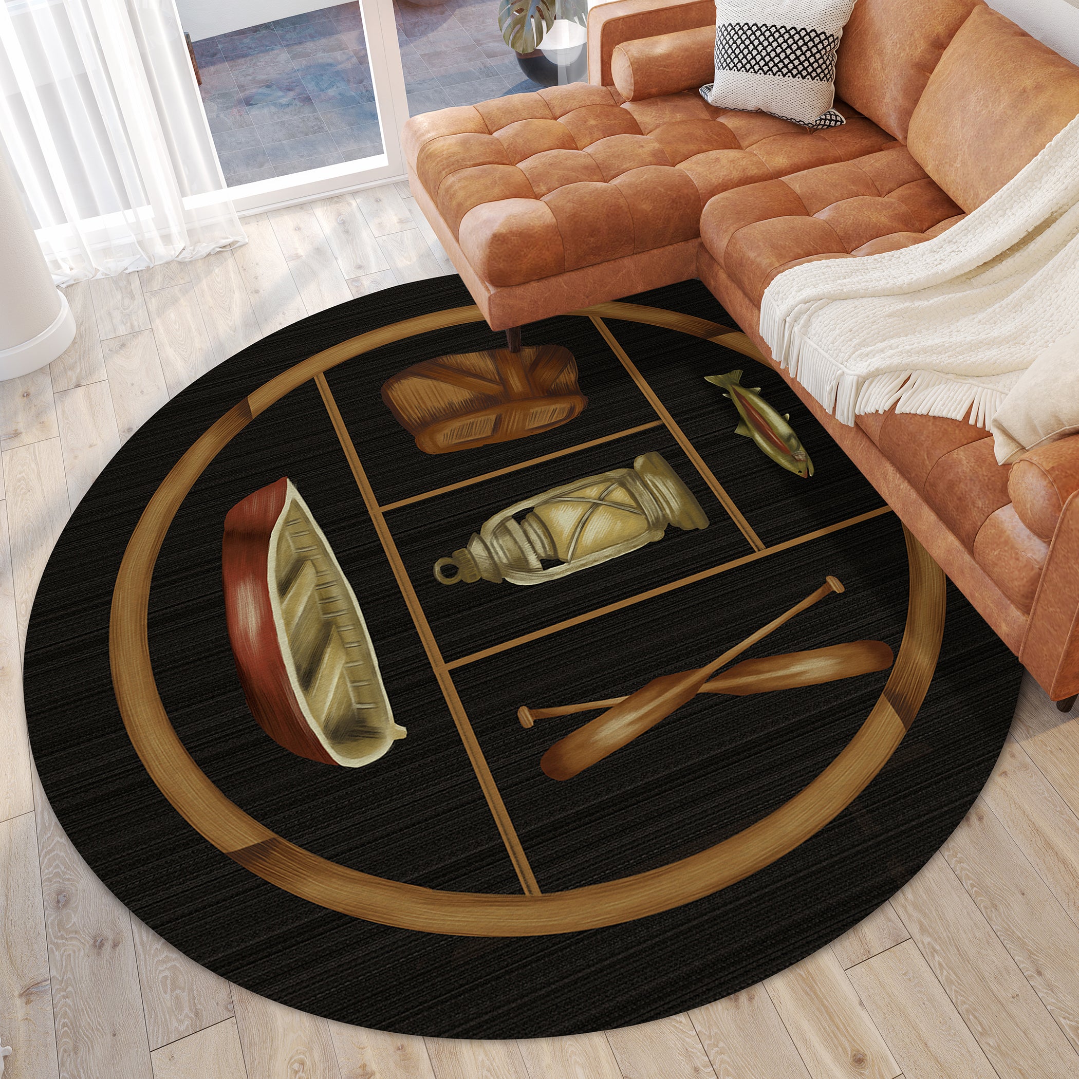 Luxury Machine Washable Indoor/Outdoor Lodge EX4 Black Rug 8' x 8' #shape_Round