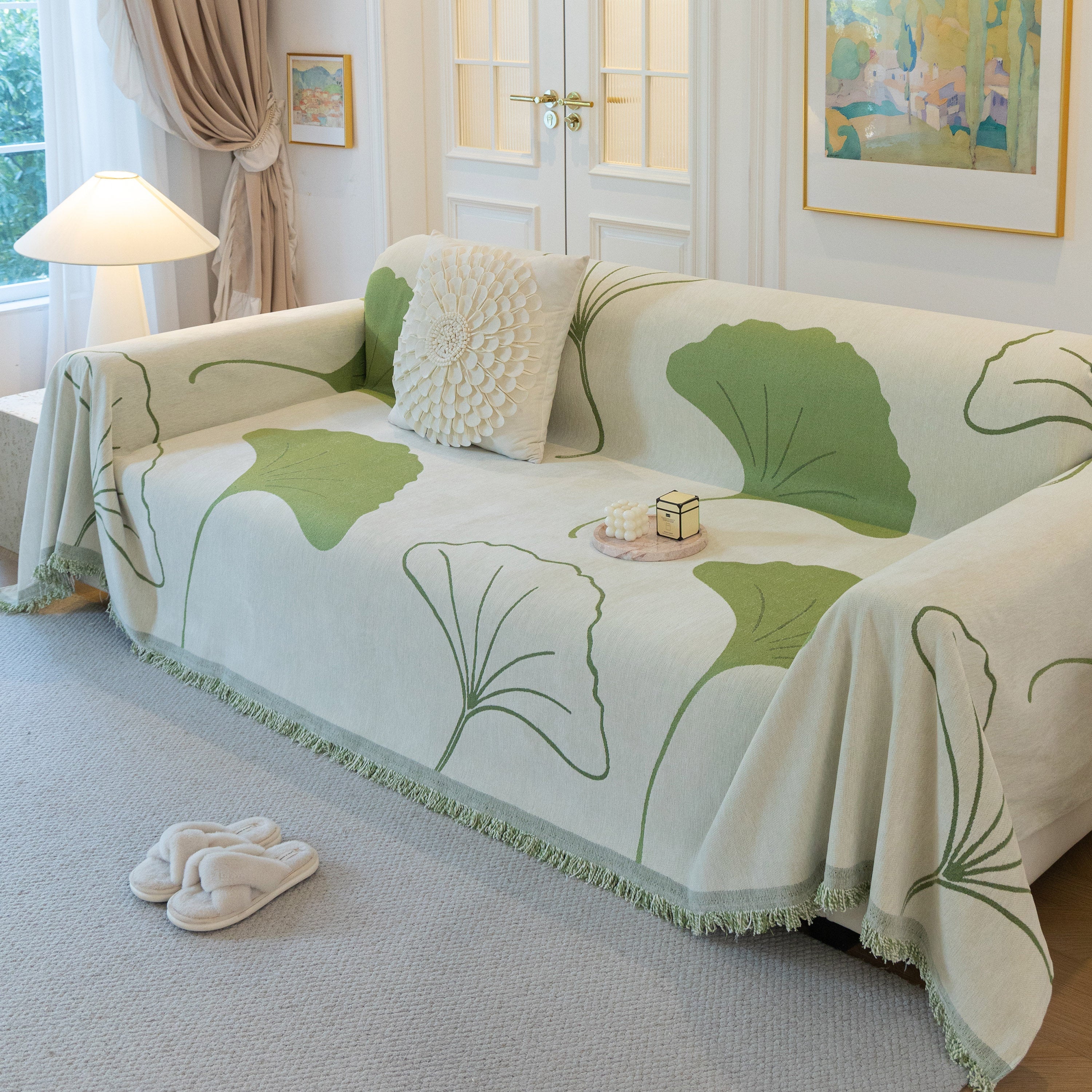 Cozy Couch Throw Blanket with Tassels, Jacquard Leaf Pattern Furniture Protector