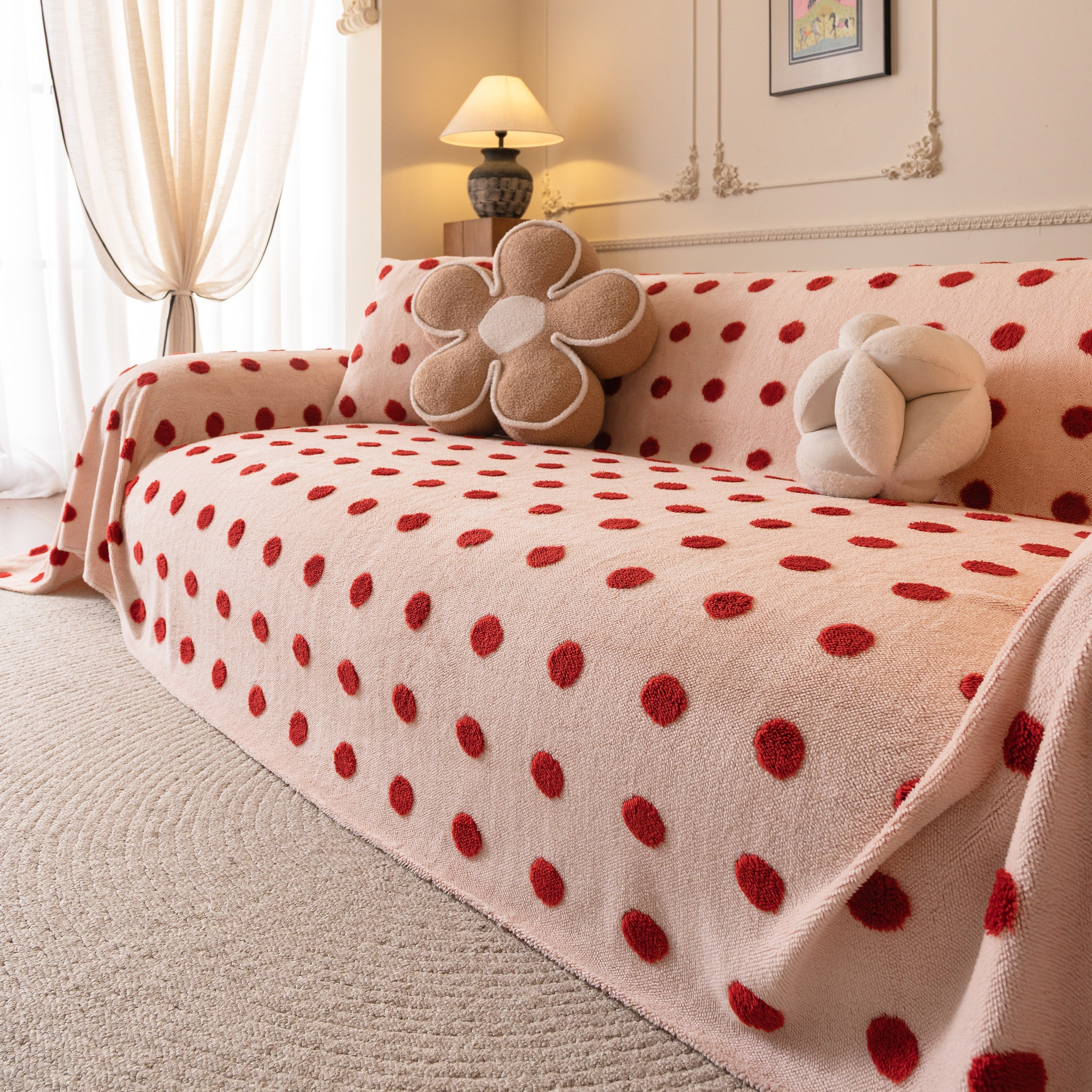 Plush Fleece Sofa Cover Throw, Soft Textured Polka Dot Couch Protector Blanket for Pets
