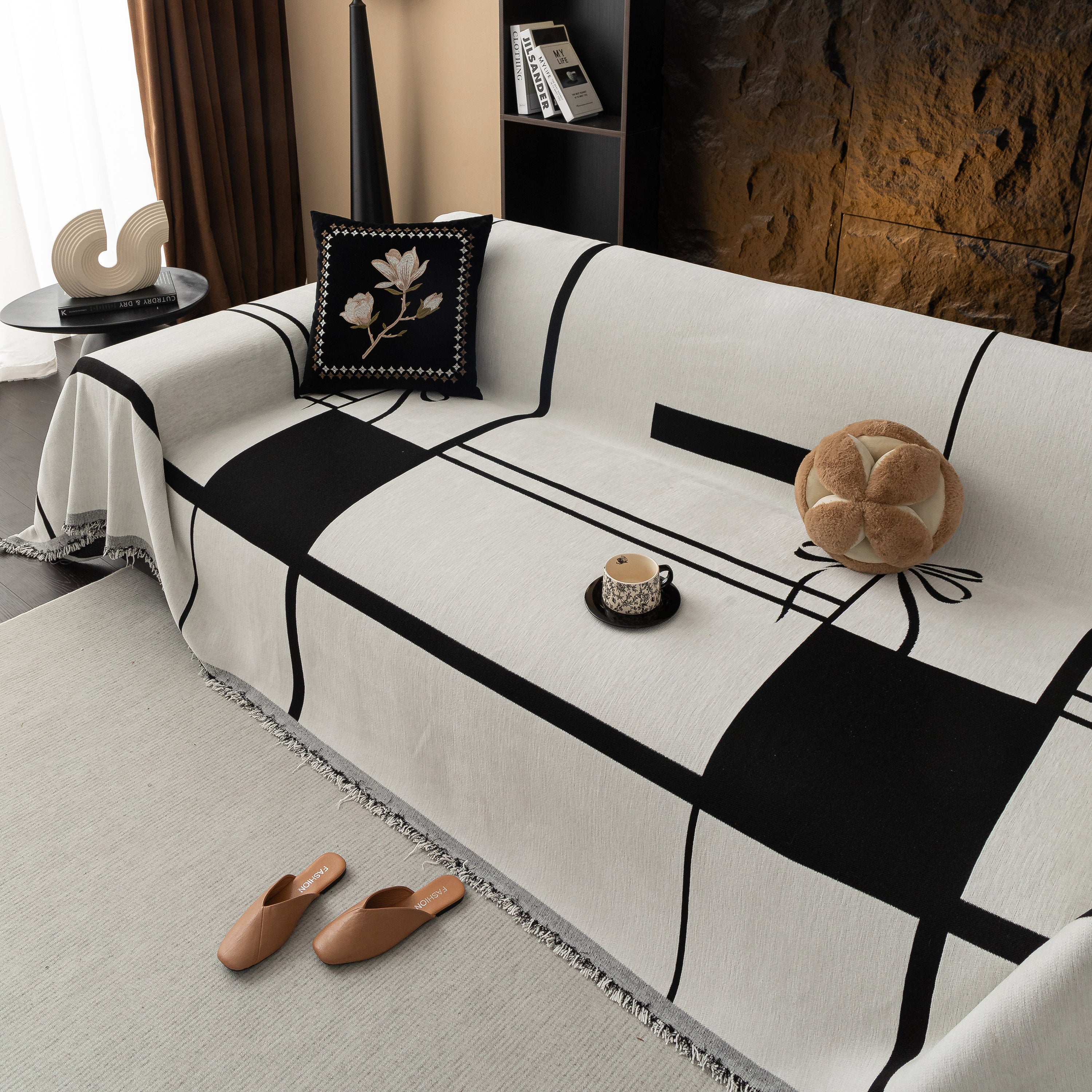 Modern Plaid Heavy Duty Sofa Throw Blanket, Boho Farmhouse Couch Cover with Tassel