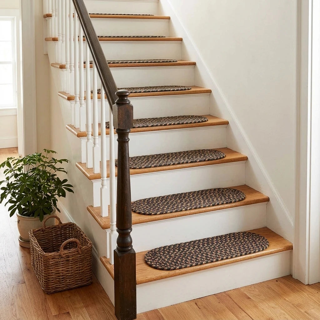 Hartford Braided Stair Treads - Taupetone - on a wooden staircase