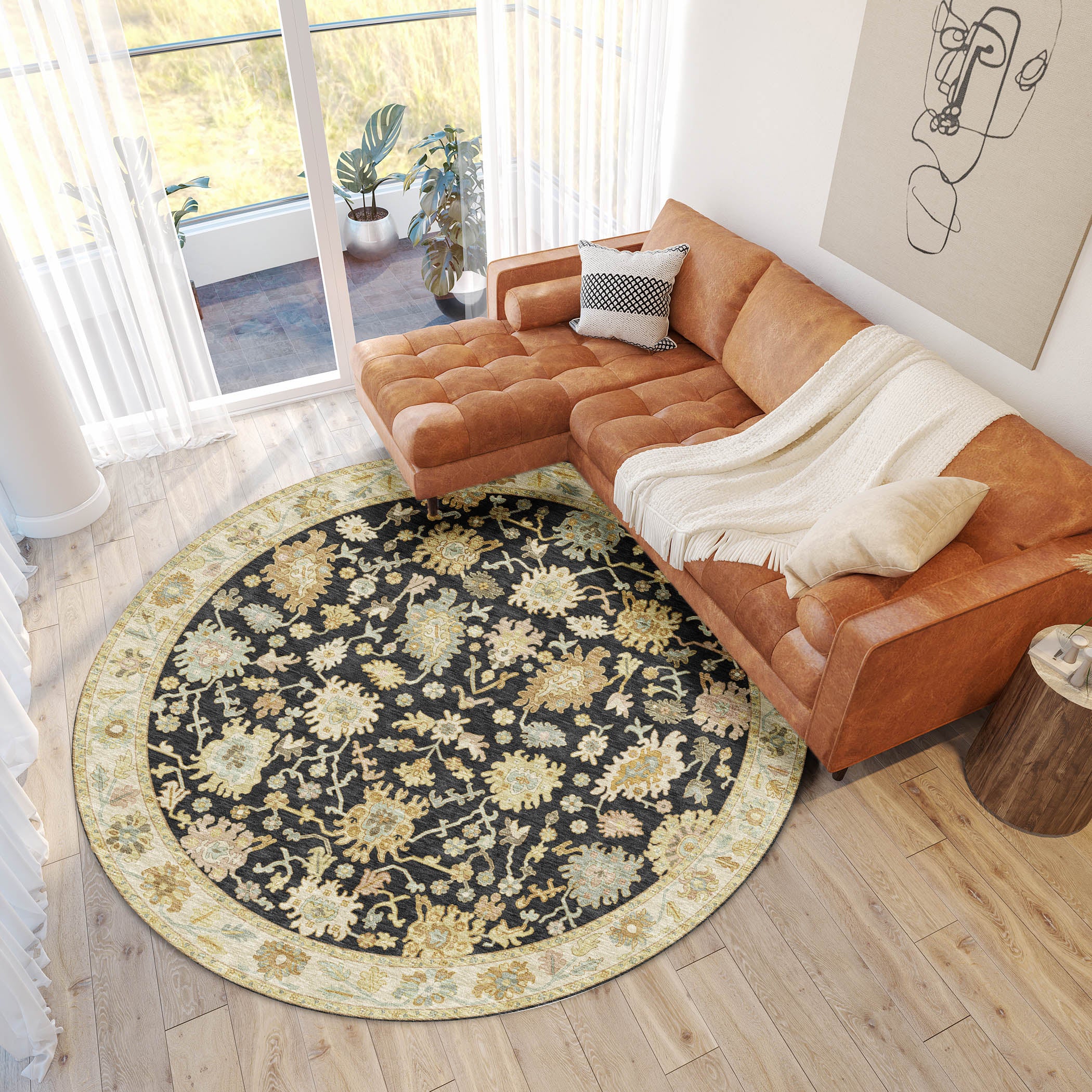 Luxury Washable Indoor/Outdoor traditional HY2 Black Rug 8' x 8' #shape_Round