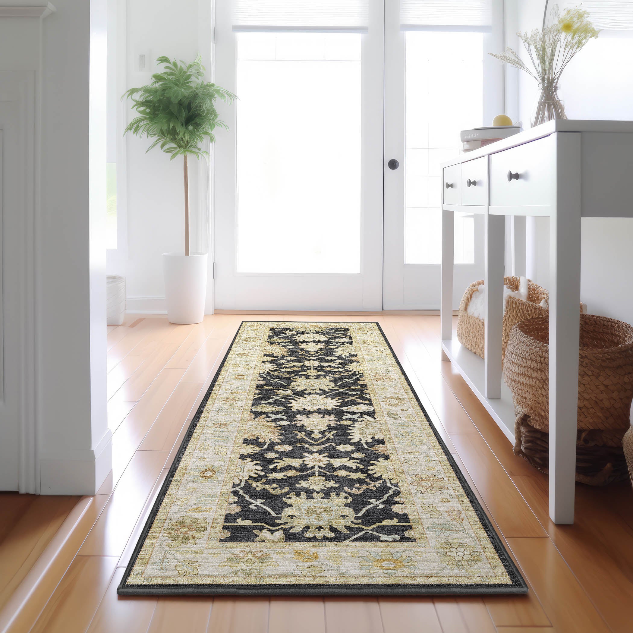 Luxury Washable Indoor/Outdoor traditional HY2 Black Rug 2'3" x 7'6" #shape_Runner
