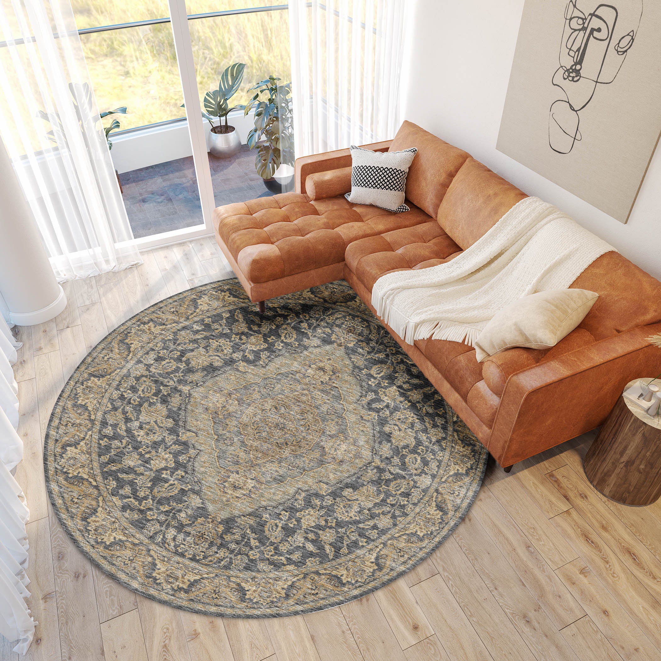 Luxury Washable Indoor/Outdoor traditional HY3 Charcoal Gray Rug 8' x 8' #shape_Round