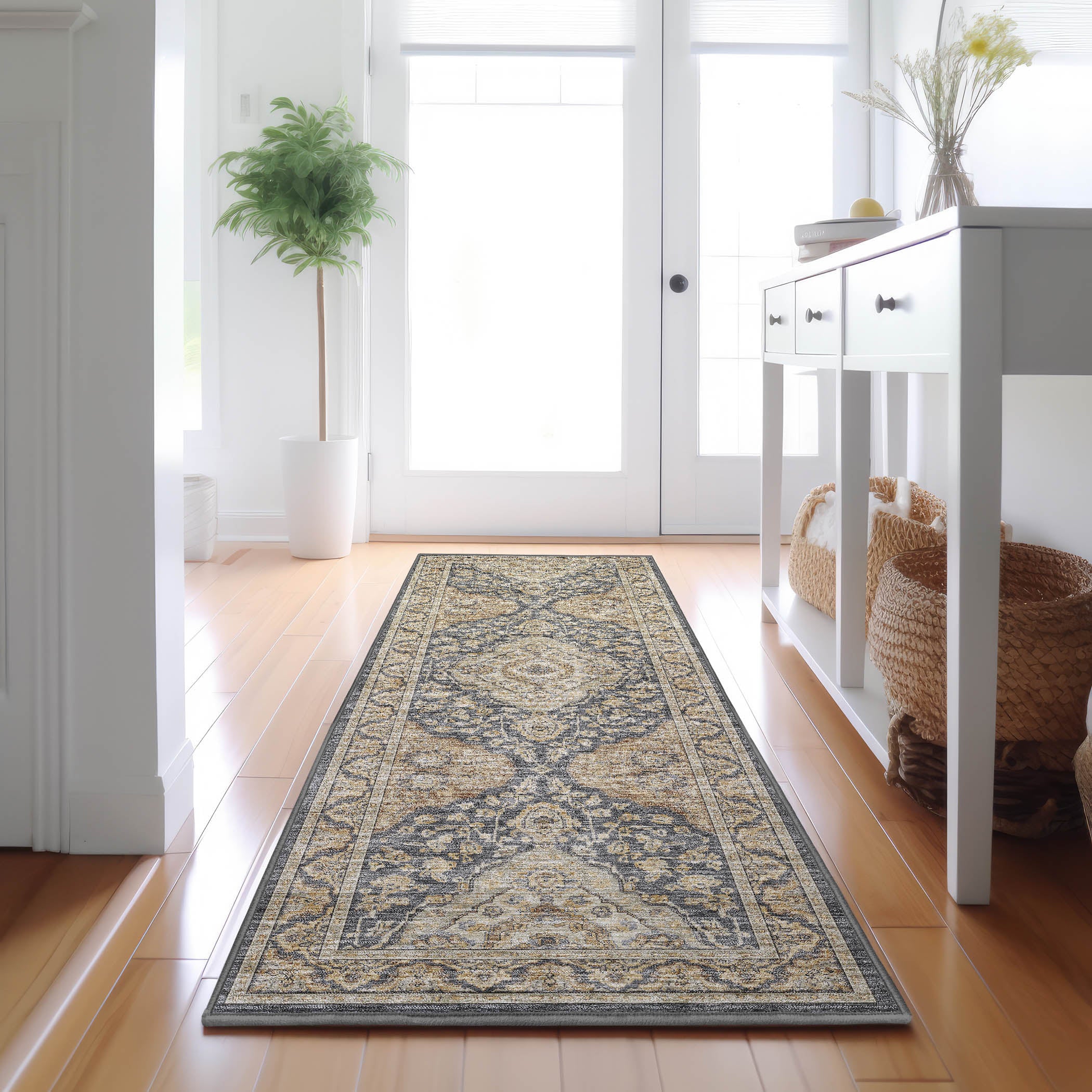 Luxury Washable Indoor/Outdoor traditional HY3 Charcoal Gray Rug 2'3" x 7'6" #shape_Runner
