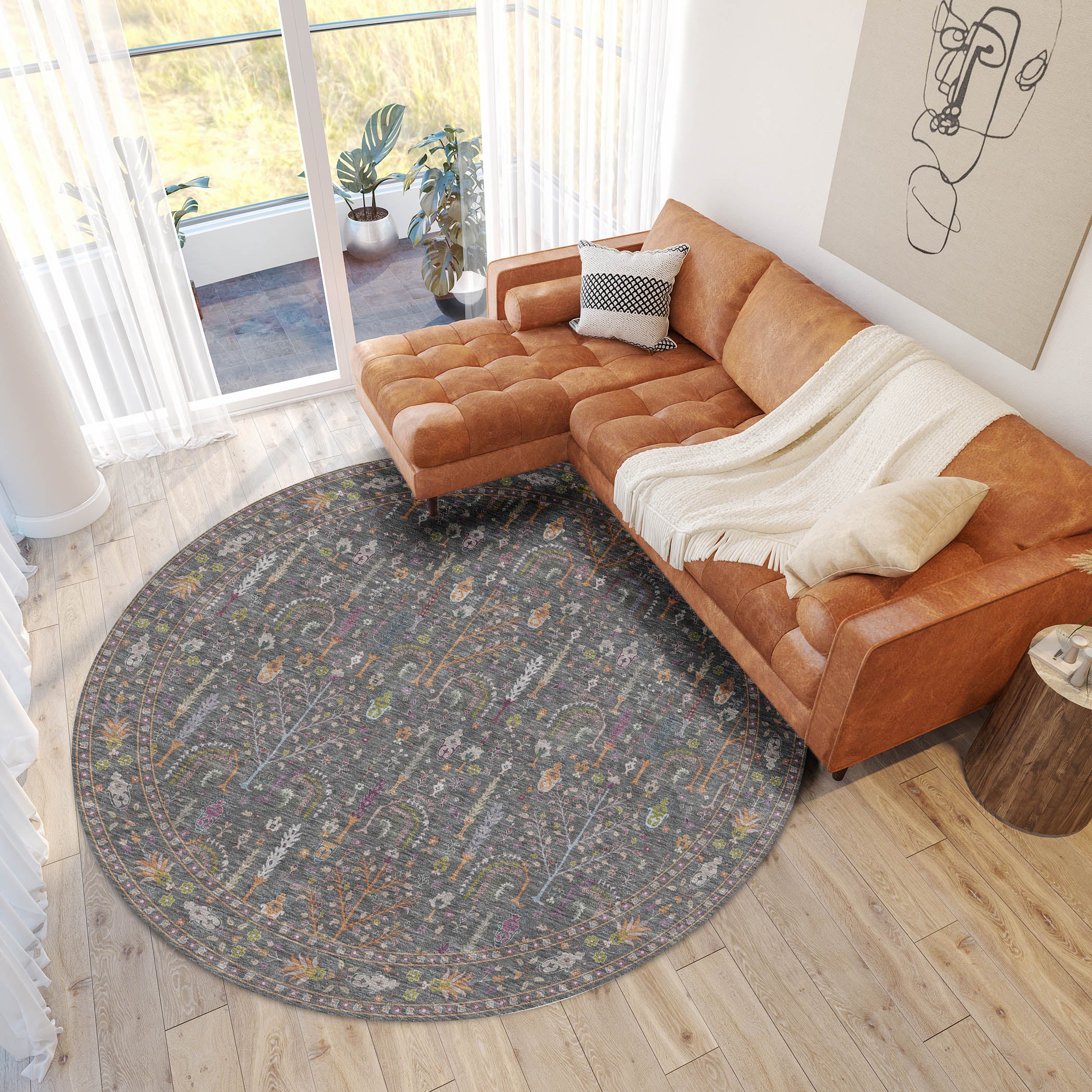 Luxury Washable Indoor/Outdoor traditional HY5 Gray Rug 8' x 8' #shape_Round
