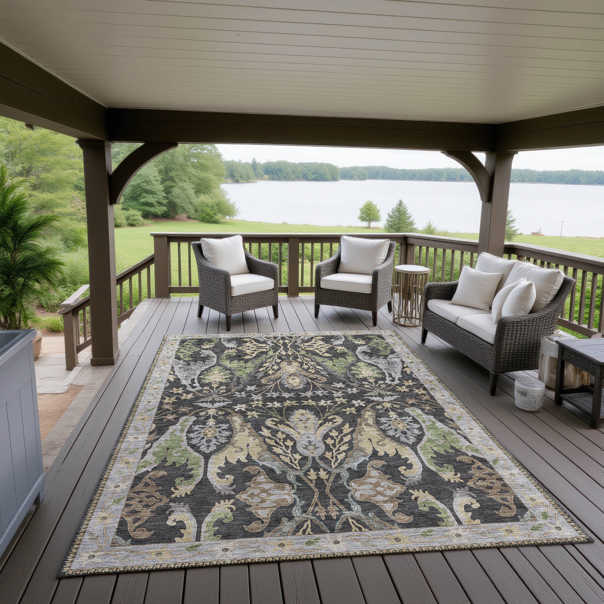 Luxury Washable Indoor/Outdoor traditional HY6 Black Rug 1'8" x 2'6" #shape_Rectangle