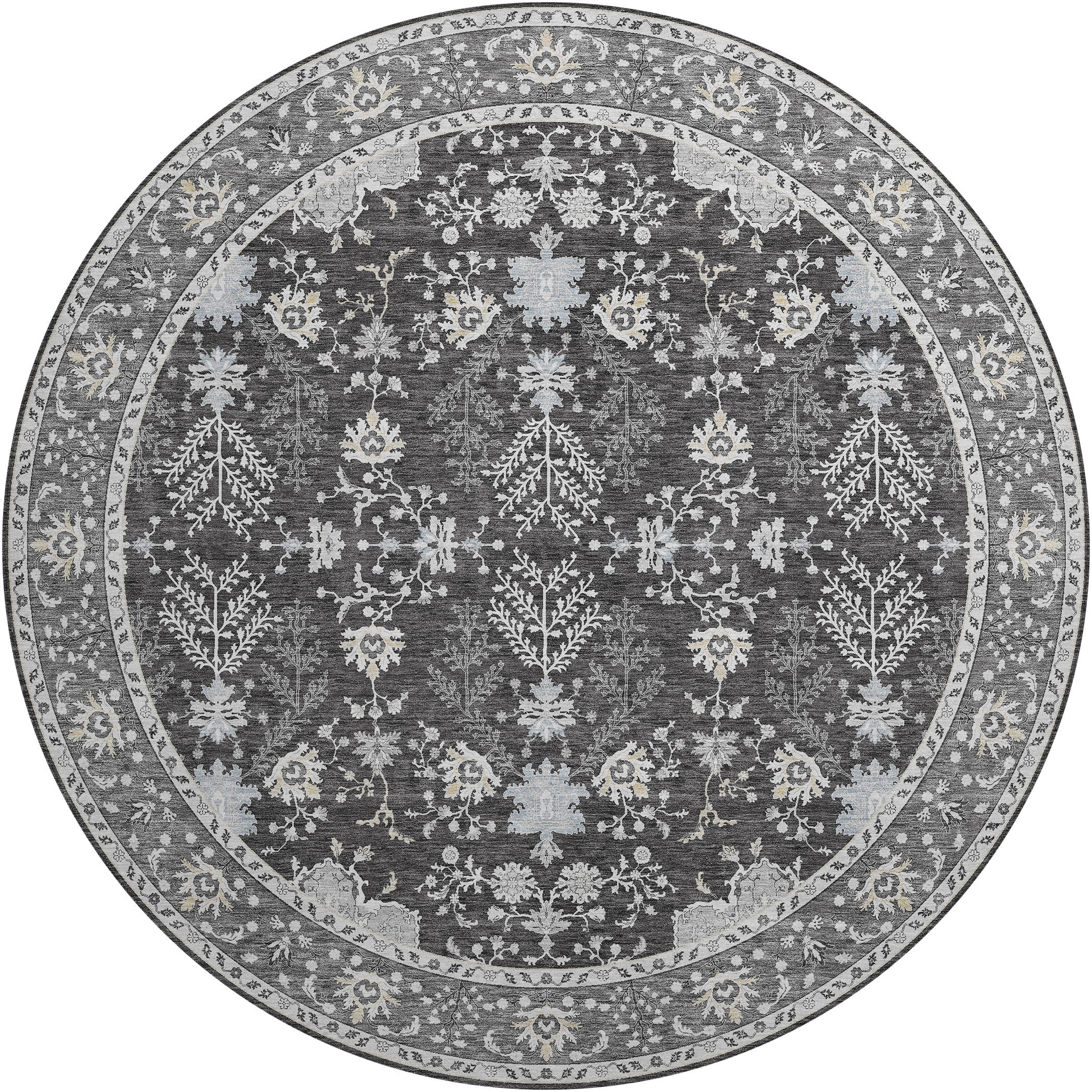 Luxury Washable Indoor/Outdoor traditional HY9 Charcoal Gray Rug 8' x 8' #shape_Round