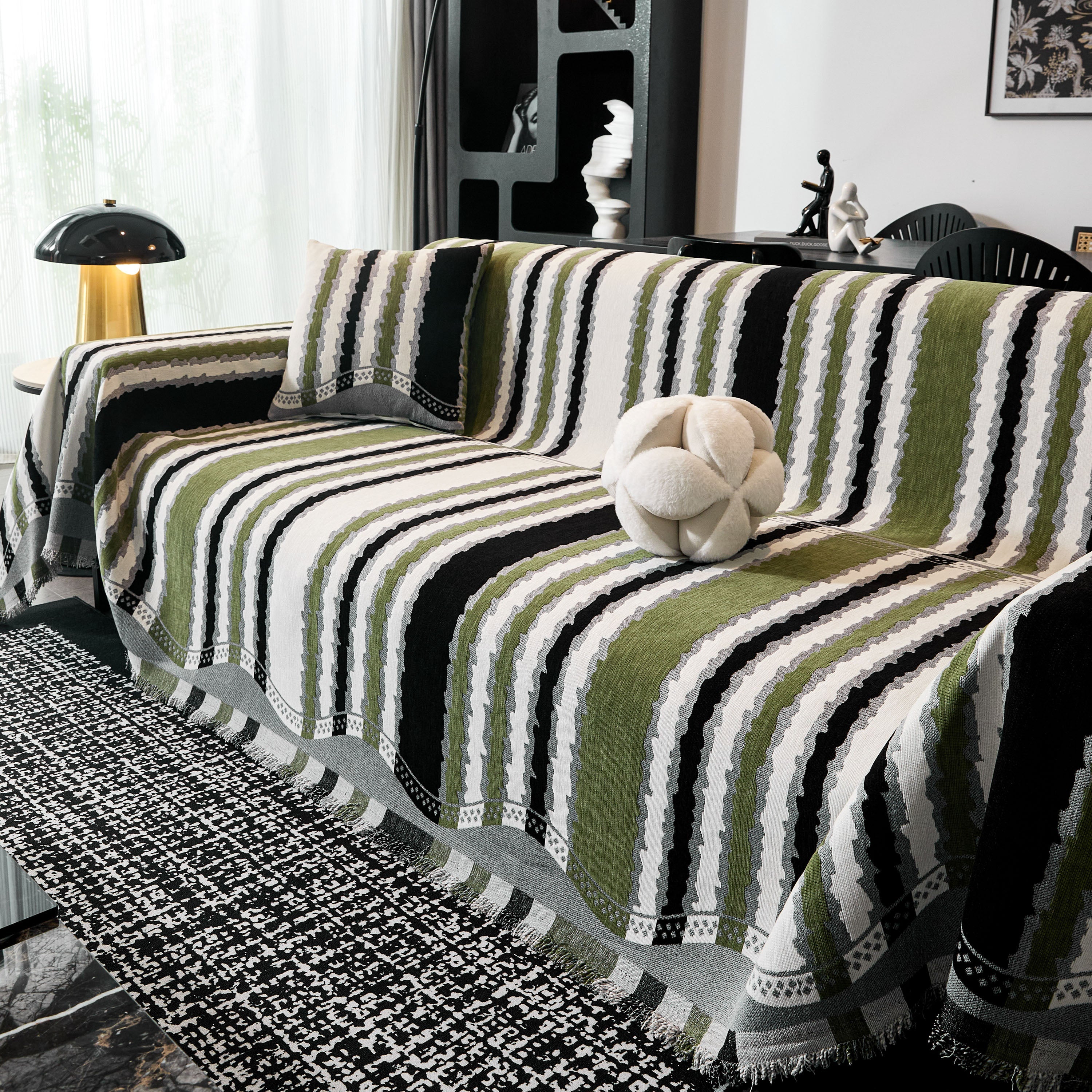 Striped Chenille Sofa Throw Covers, Boho Style Cozy Couch Protector Blanket