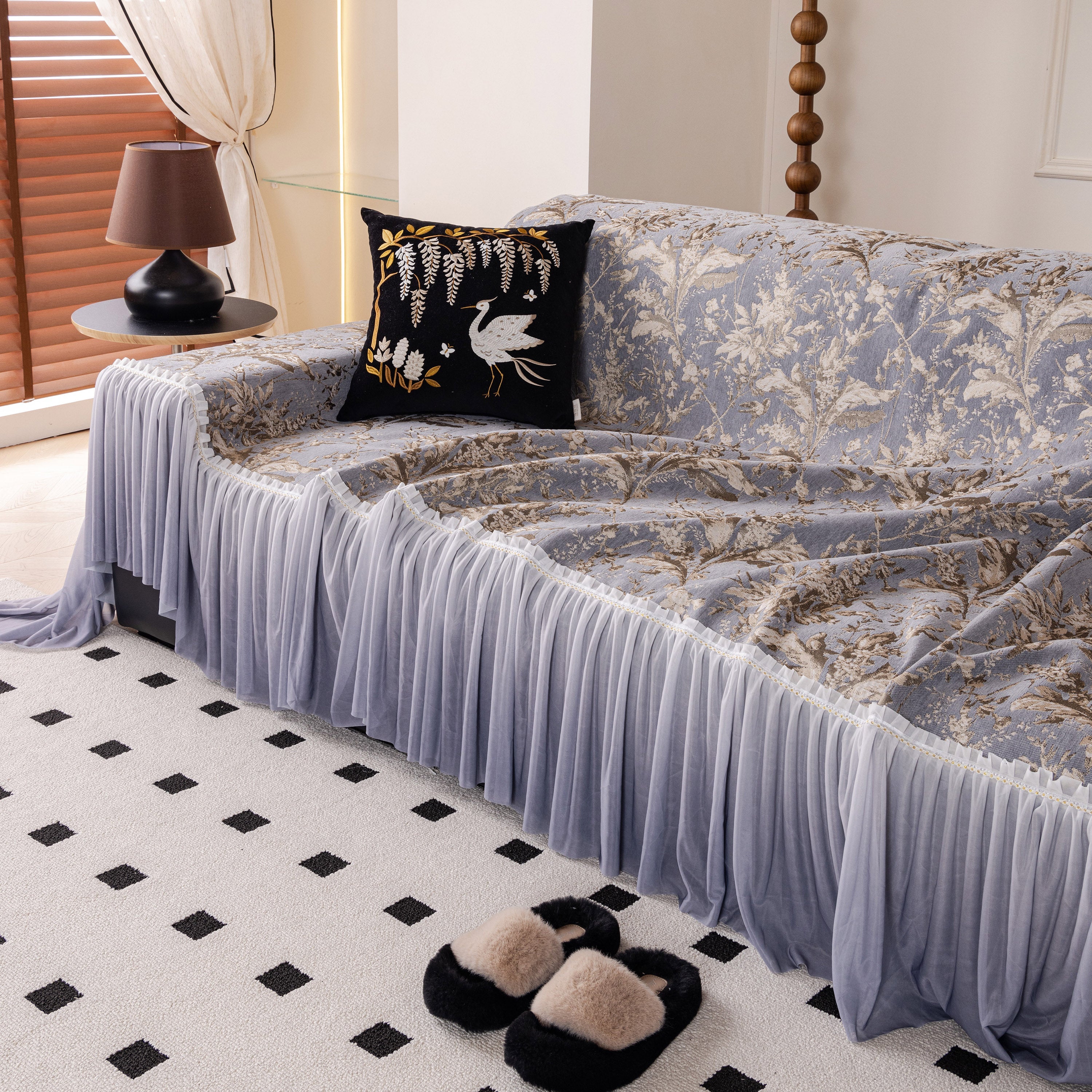 Elegant Botanical Sofa Cover with Pleated Tulle Skirt, Vintage Floral Couch Protector