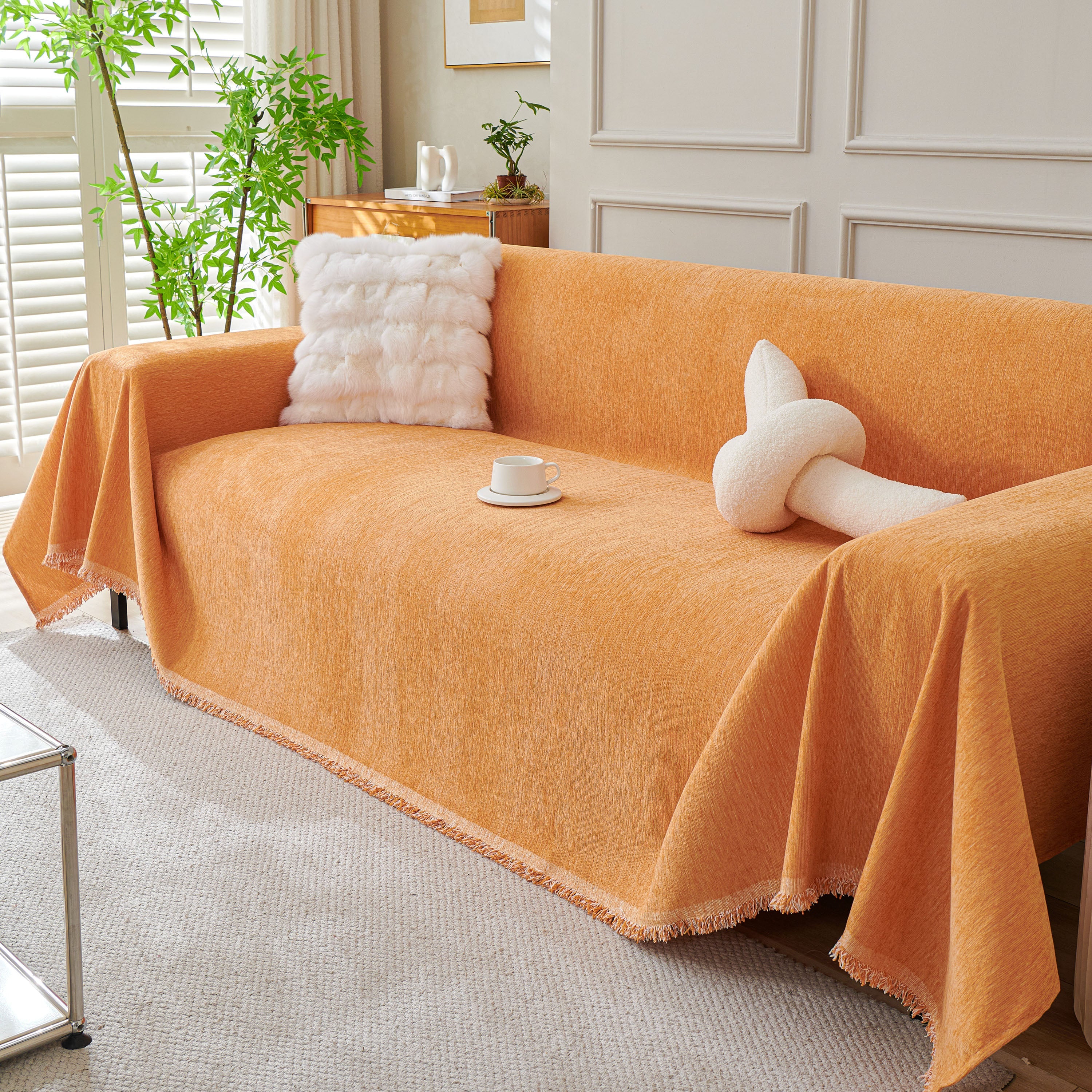 Solid Color Chenille Sofa Throw Blanket, Cozy & Easy Care Fringed Furniture Protector