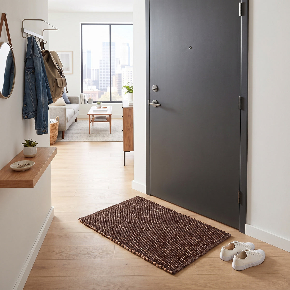 Terra brown jute and cotton rug, 20" x 30", at a front entry