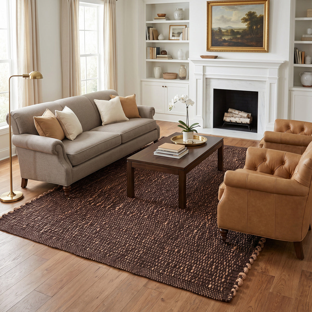 Terra brown jute and cotton rug, 8' x 10', in a living room with fireplace