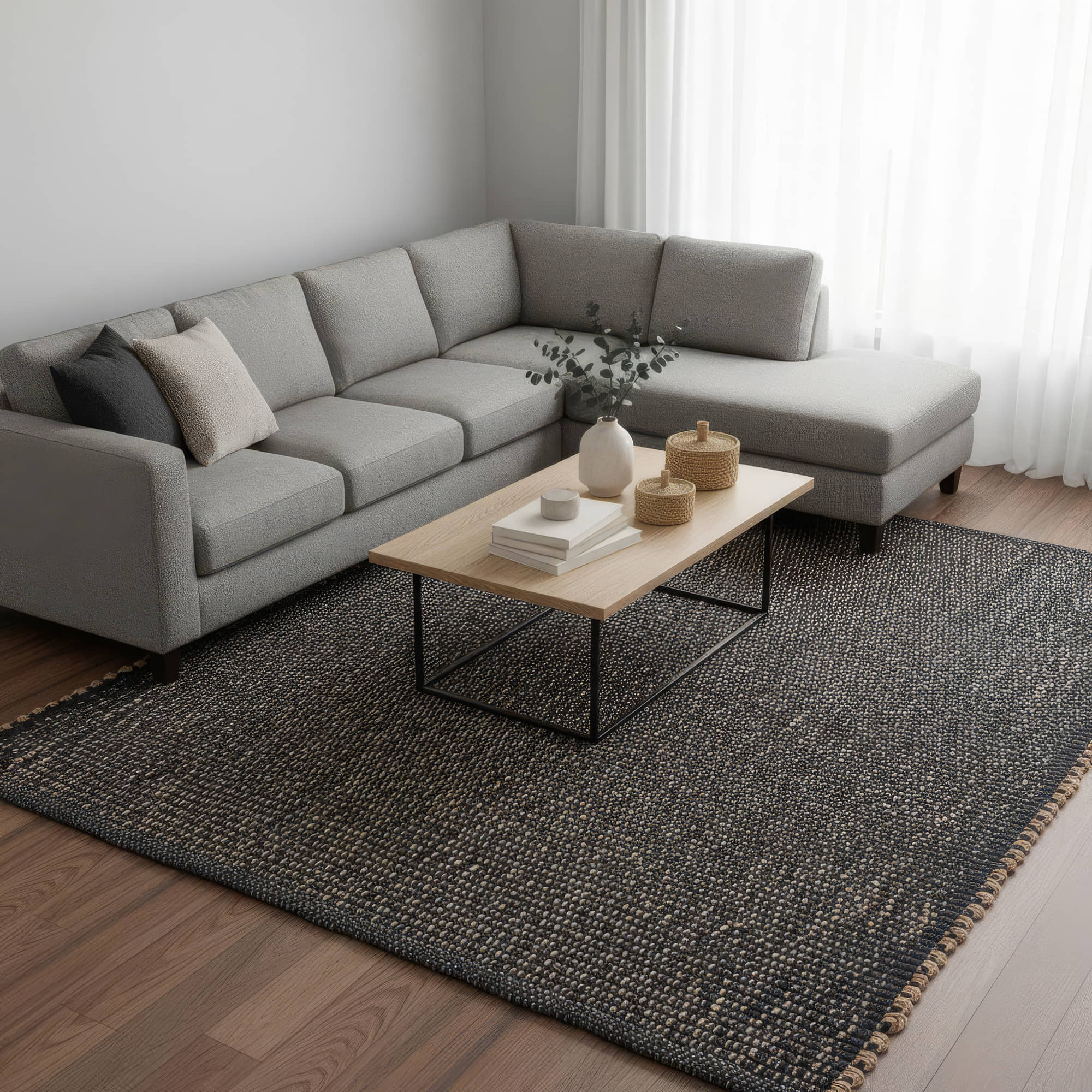 Charcoal Gray Jute & Cotton Woven Rug – Reversible Natural Farmhouse Area Rug | Terra Collection