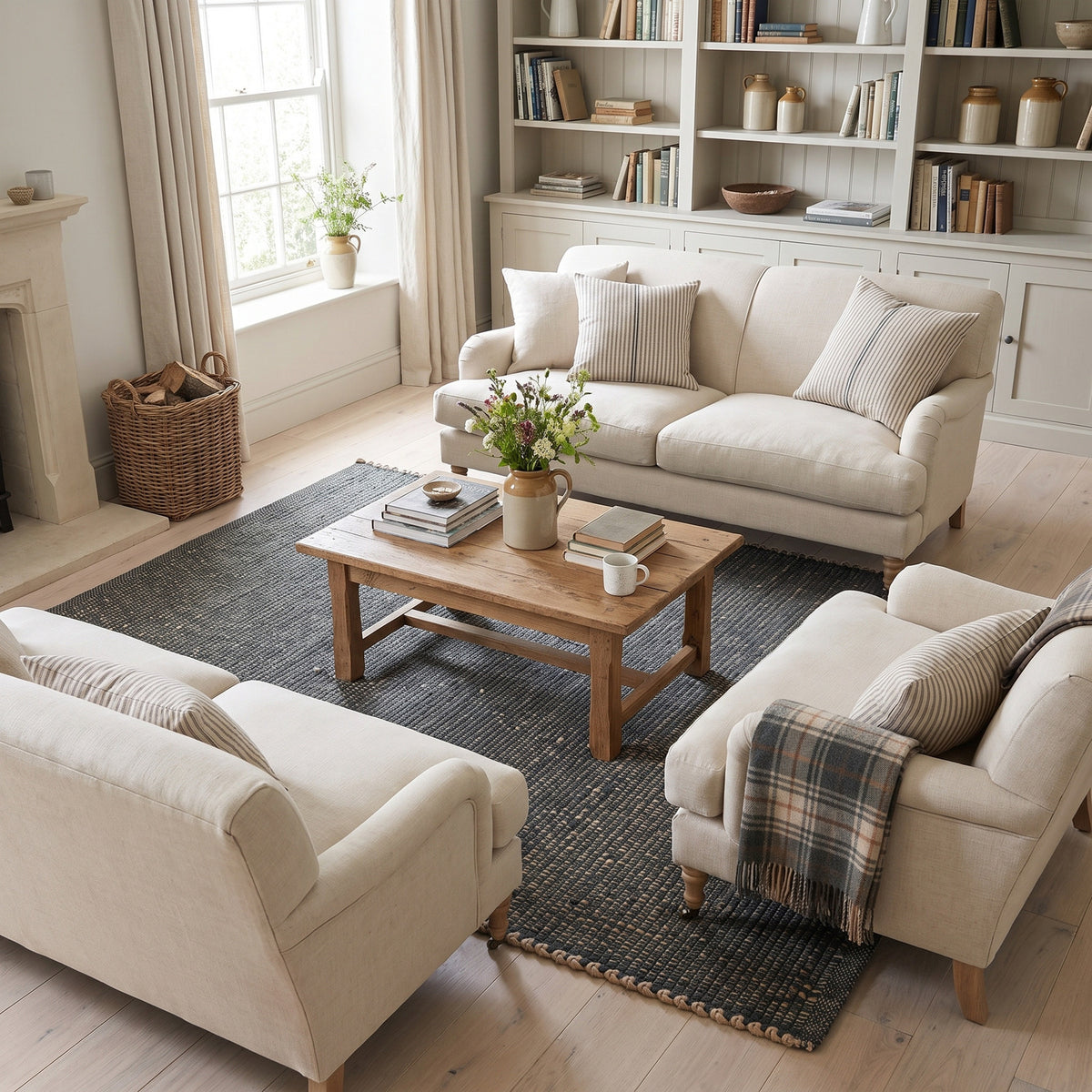 Terra green jute and cotton rug, 6' x 9', in a living room