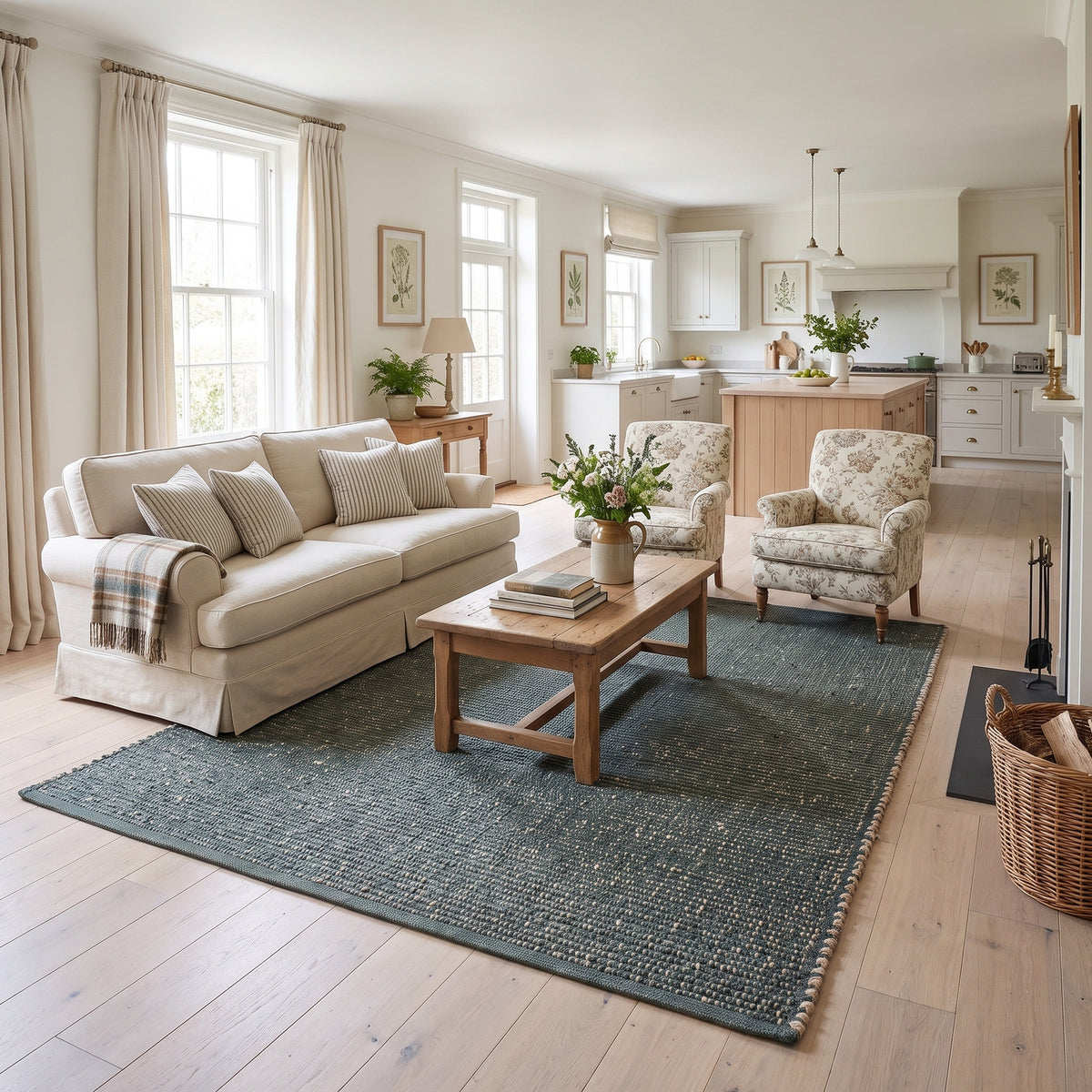 Terra green jute and cotton rug, 8' x 10', in a living room