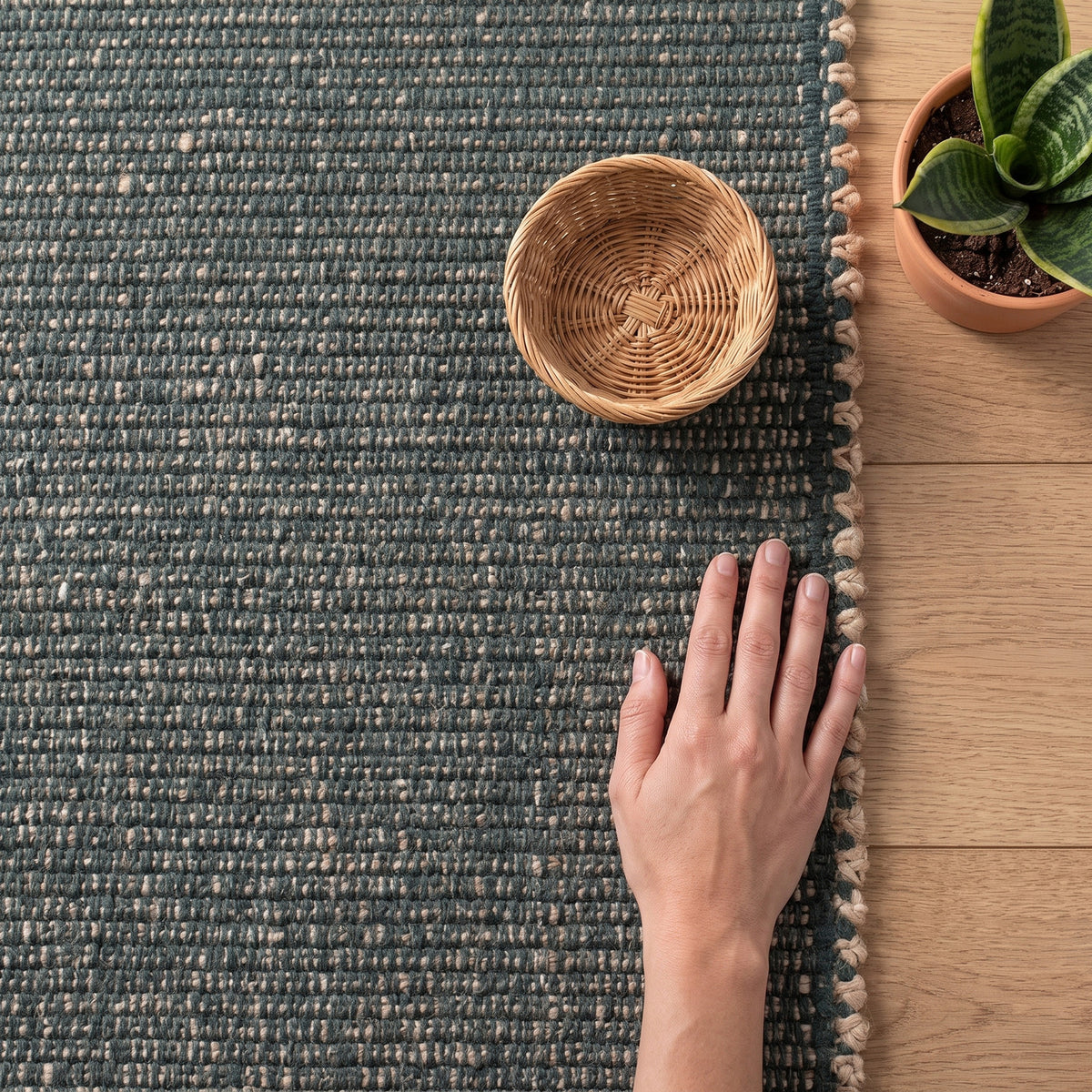 Terra green jute and cotton rug close-up showing the weave