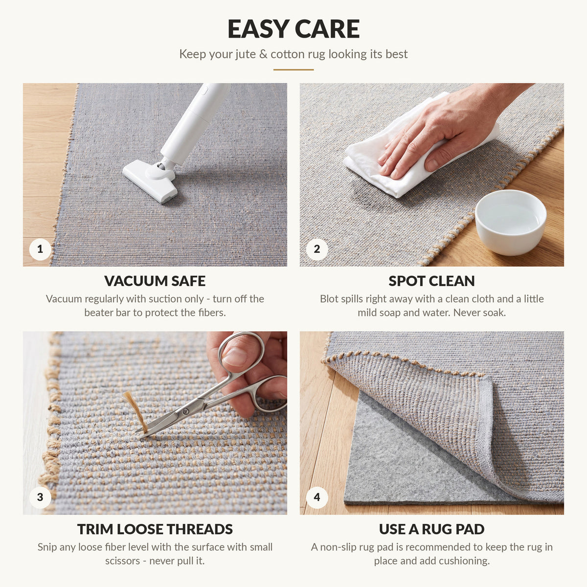 Easy care instructions for the jute and cotton rug