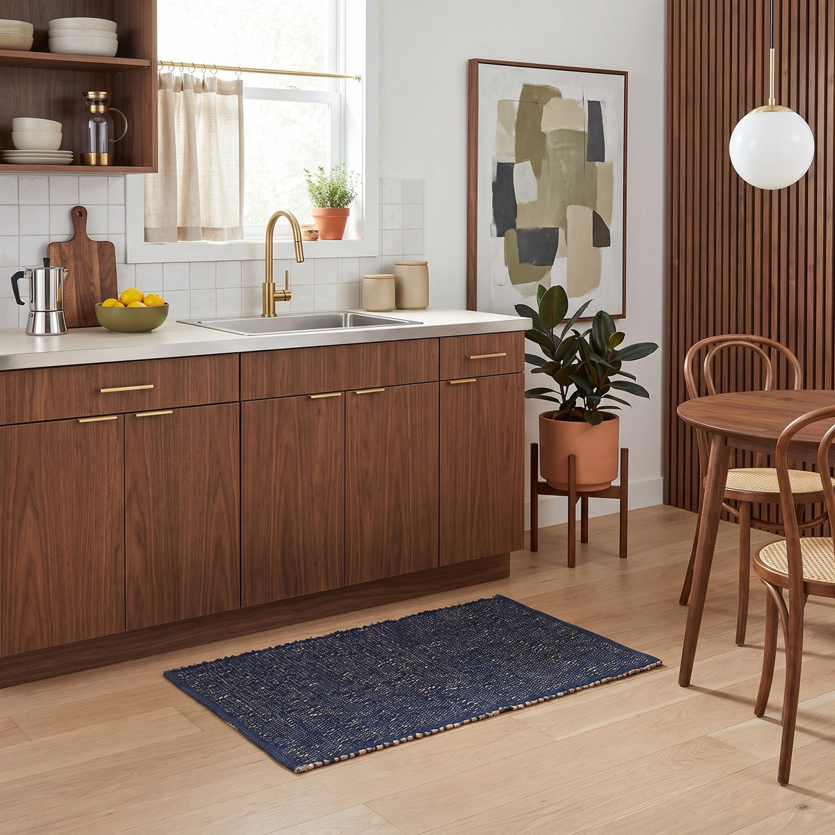 Terra navy jute and cotton rug, 20" x 30", at a mid-century modern kitchen sink