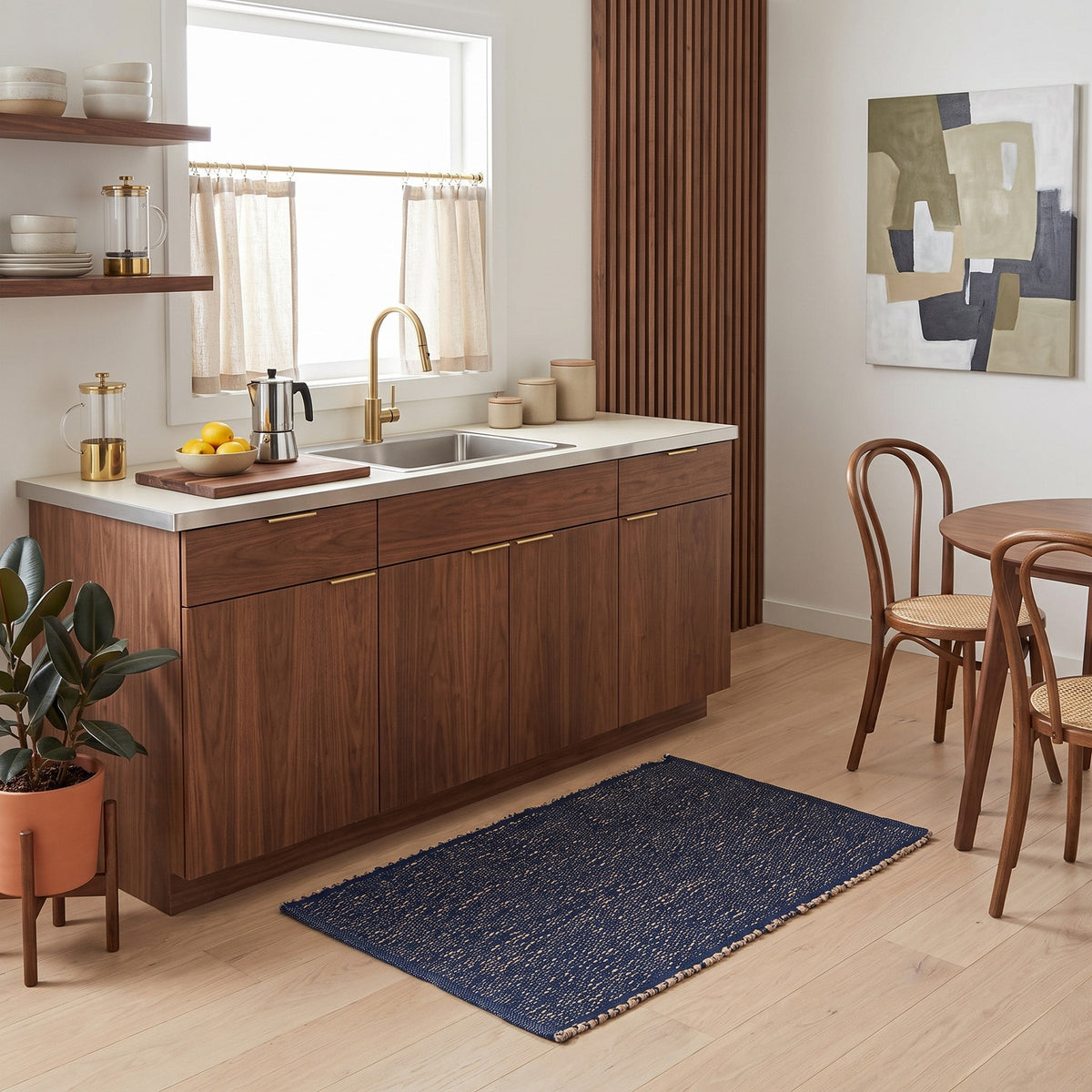 Terra navy jute and cotton rug, 2' x 3', in a mid-century modern kitchen