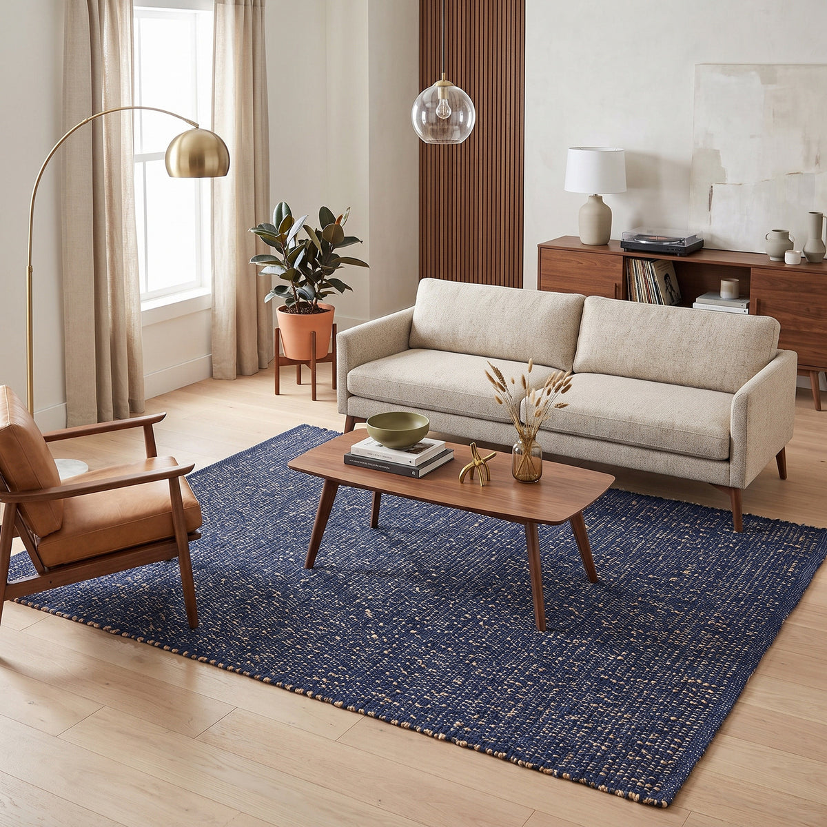 Terra navy jute and cotton rug, 5' x 7', in a mid-century modern living room