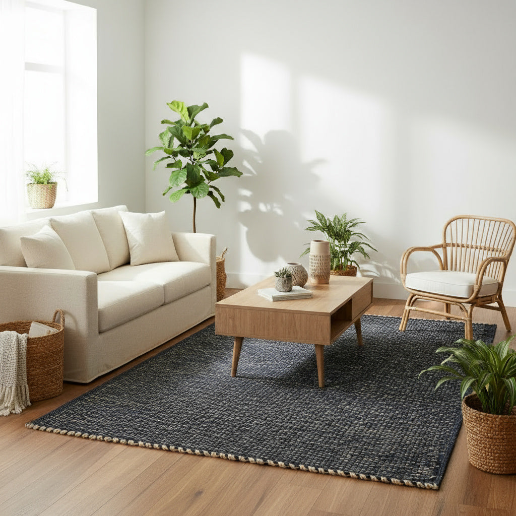 Navy Jute & Cotton Woven Rug – Reversible Natural Farmhouse Area Rug | Terra Collection