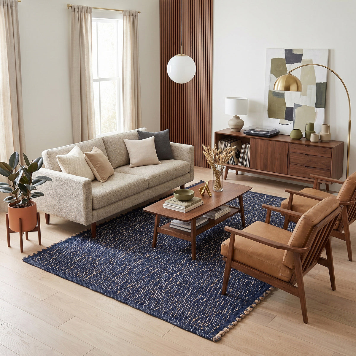 Terra navy jute and cotton rug, 6' x 9', in a mid-century modern living room