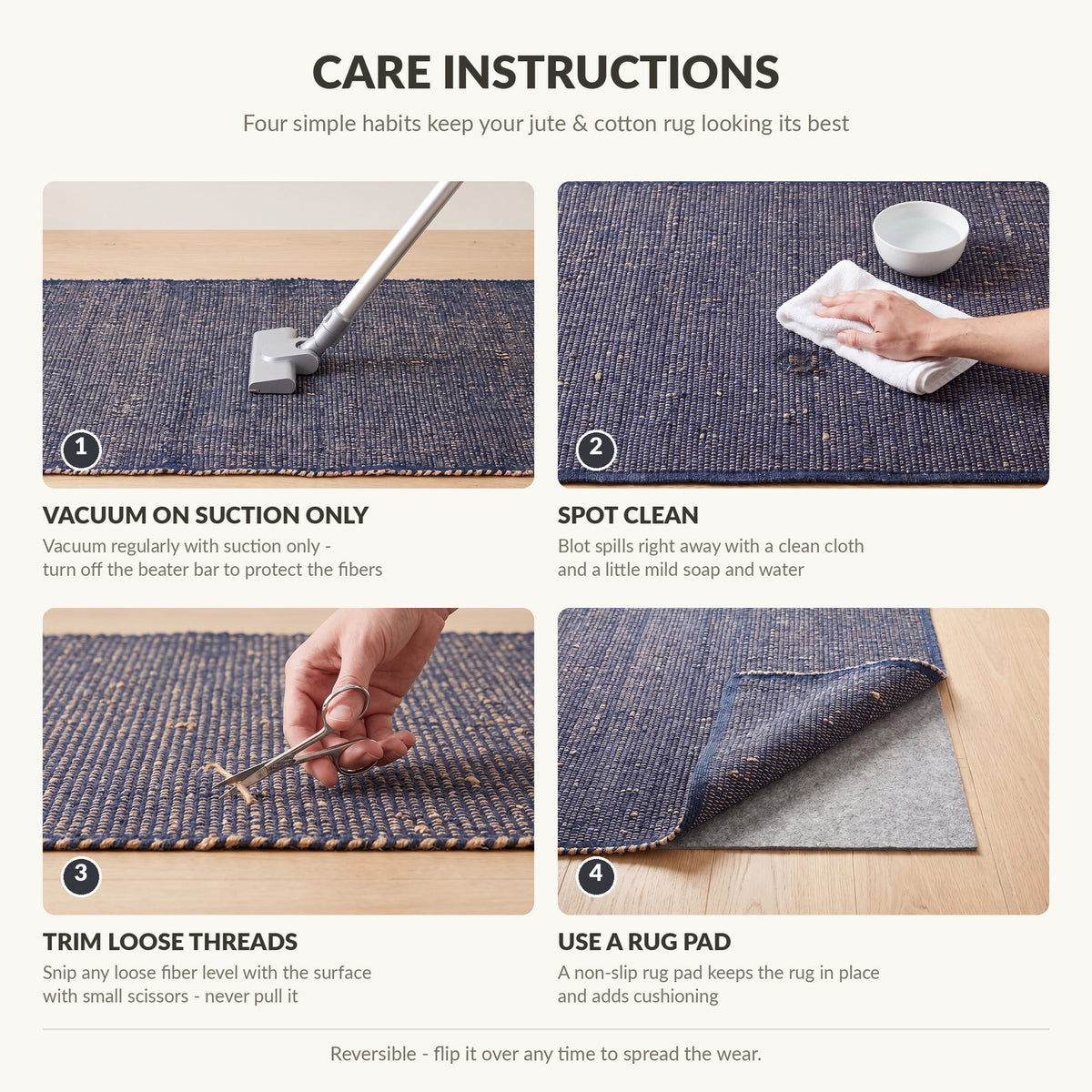 Care instructions for the jute and cotton rug