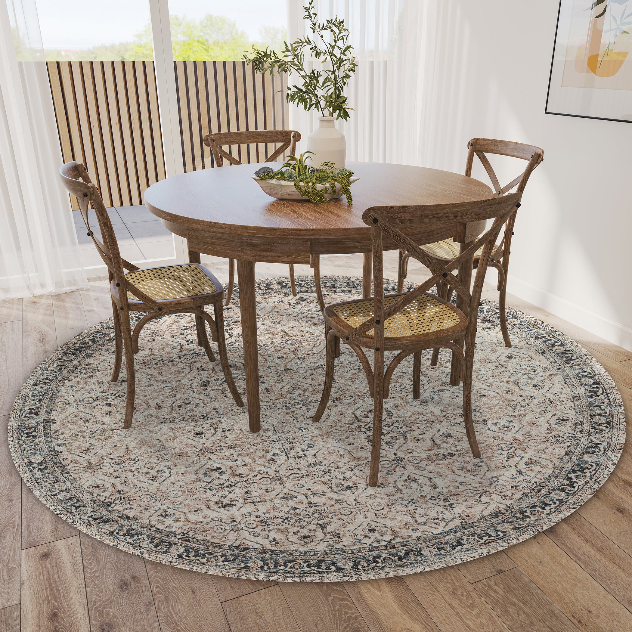Indoor/Outdoor Traditional JC10 Taupe Blue Rug 4' x 4' #shape_Round