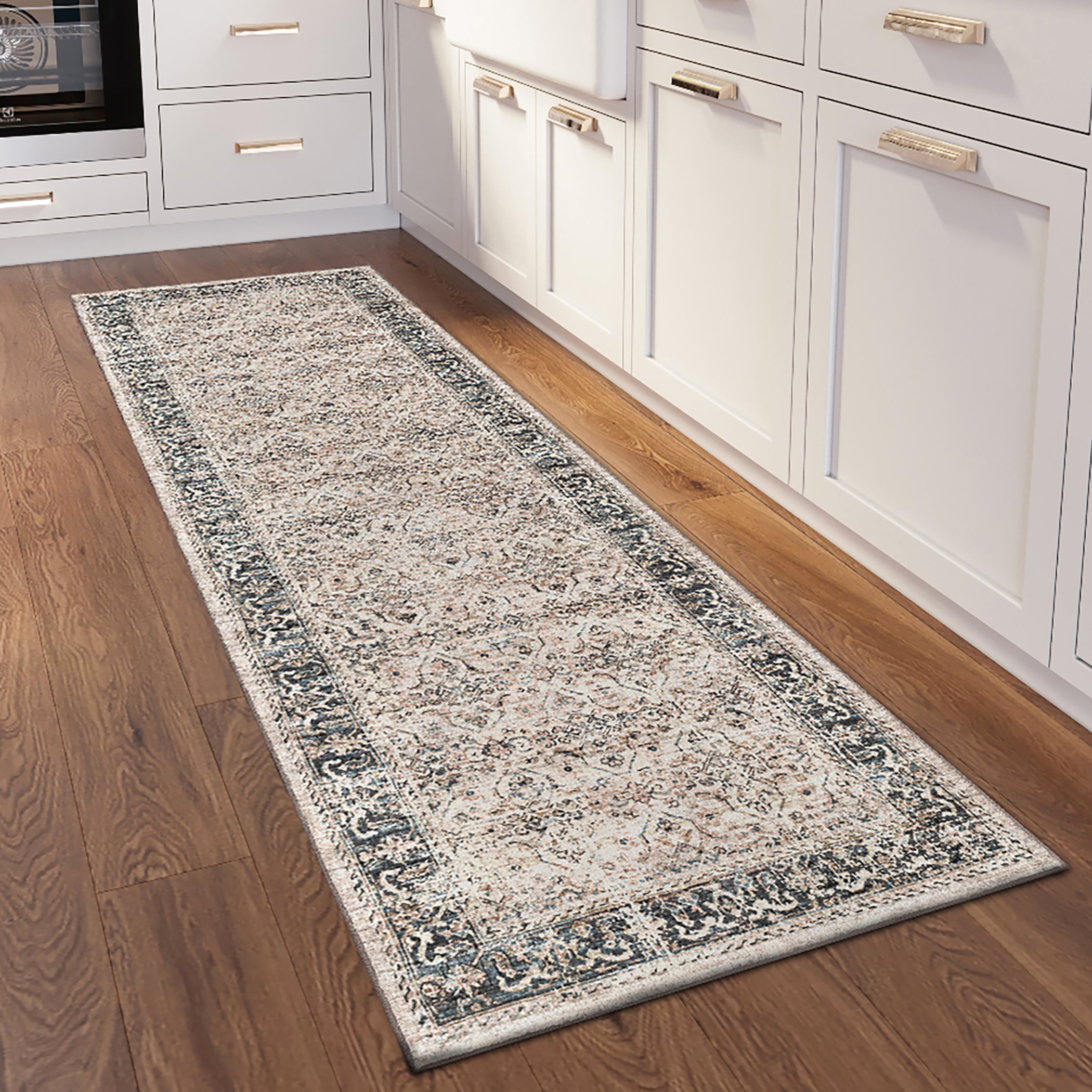 Indoor/Outdoor Traditional JC10 Taupe Blue Rug 2'6" x 10' #shape_Runner