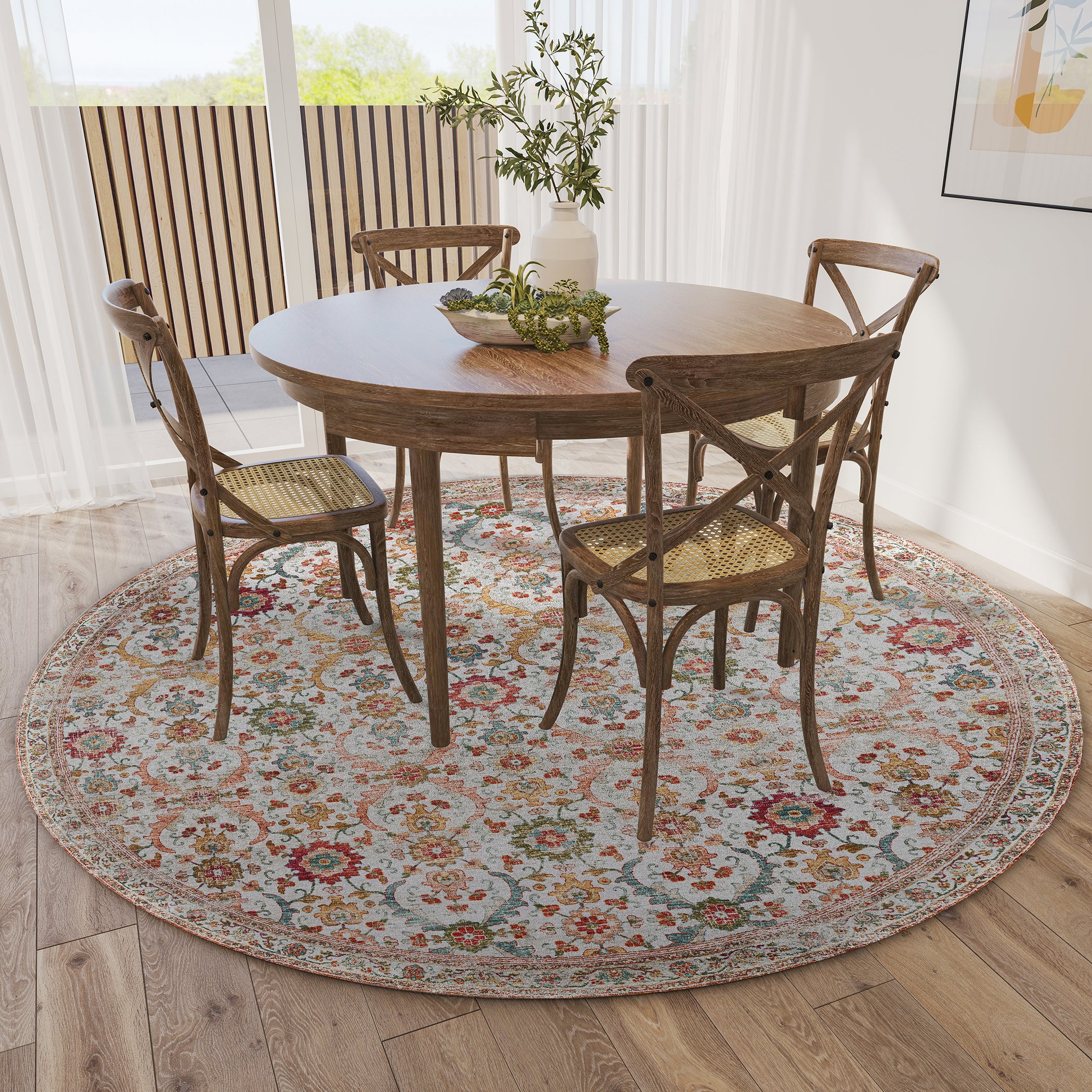 Indoor/Outdoor Traditional JC1 Ivory Red Rug 4' x 4' #shape_Round