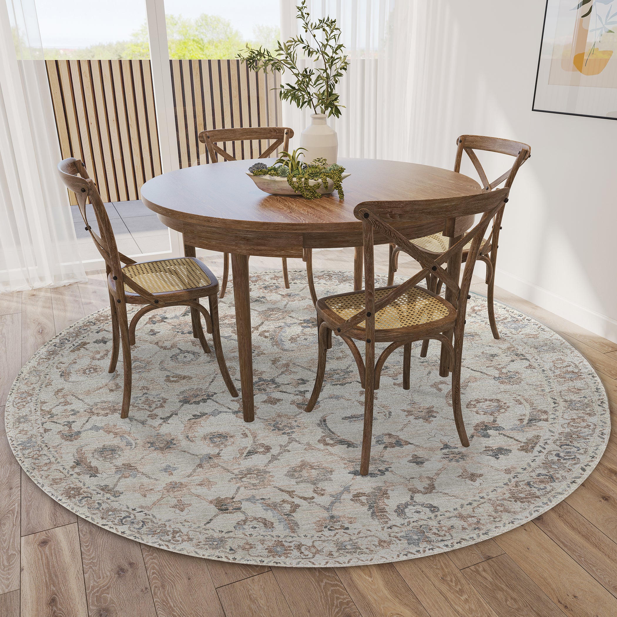Indoor/Outdoor Traditional JC4 Linen Ivory Rug 4' x 4' #shape_Round