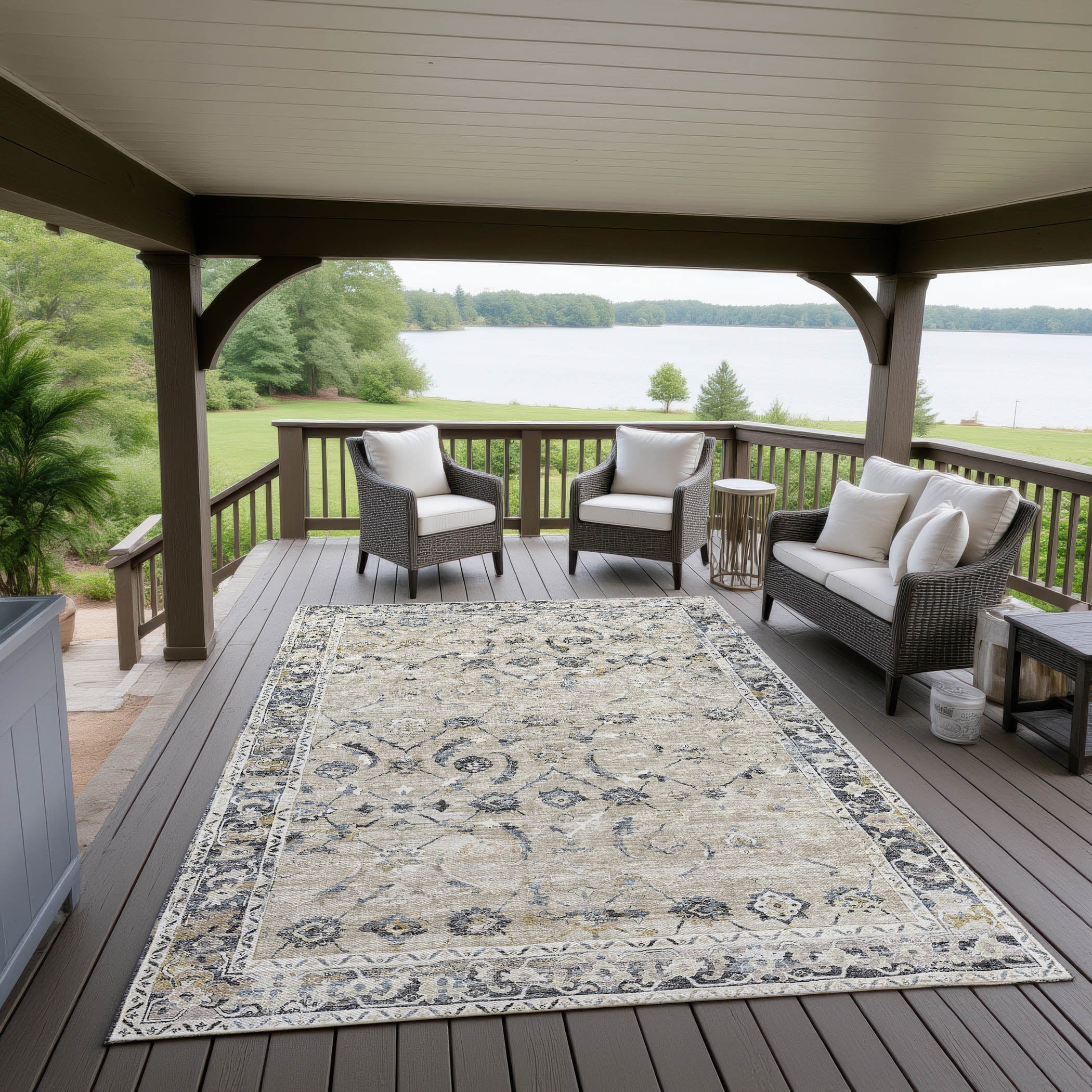 Indoor/Outdoor Traditional JC4 Taupe Blue Rug 3' x 5' #shape_Rectangle