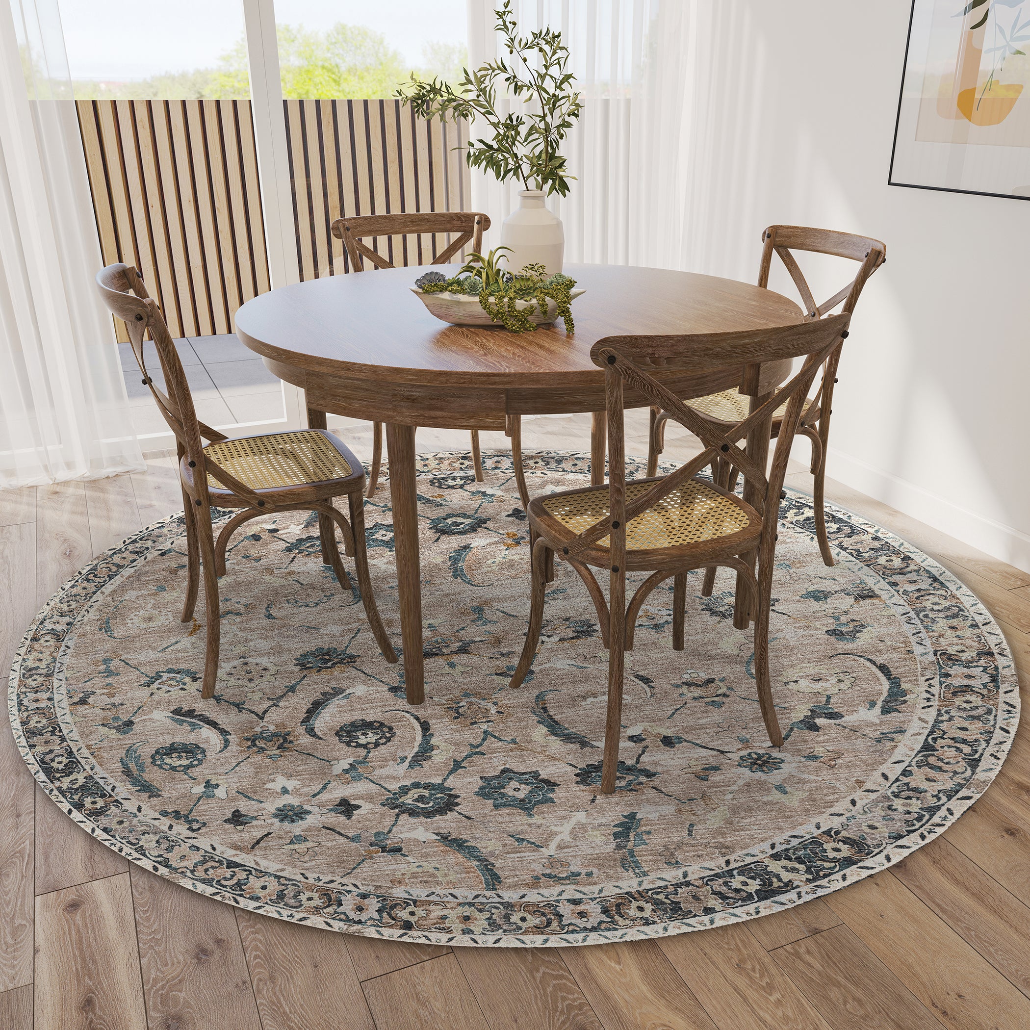 Indoor/Outdoor Traditional JC4 Taupe Blue Rug 4' x 4' #shape_Round