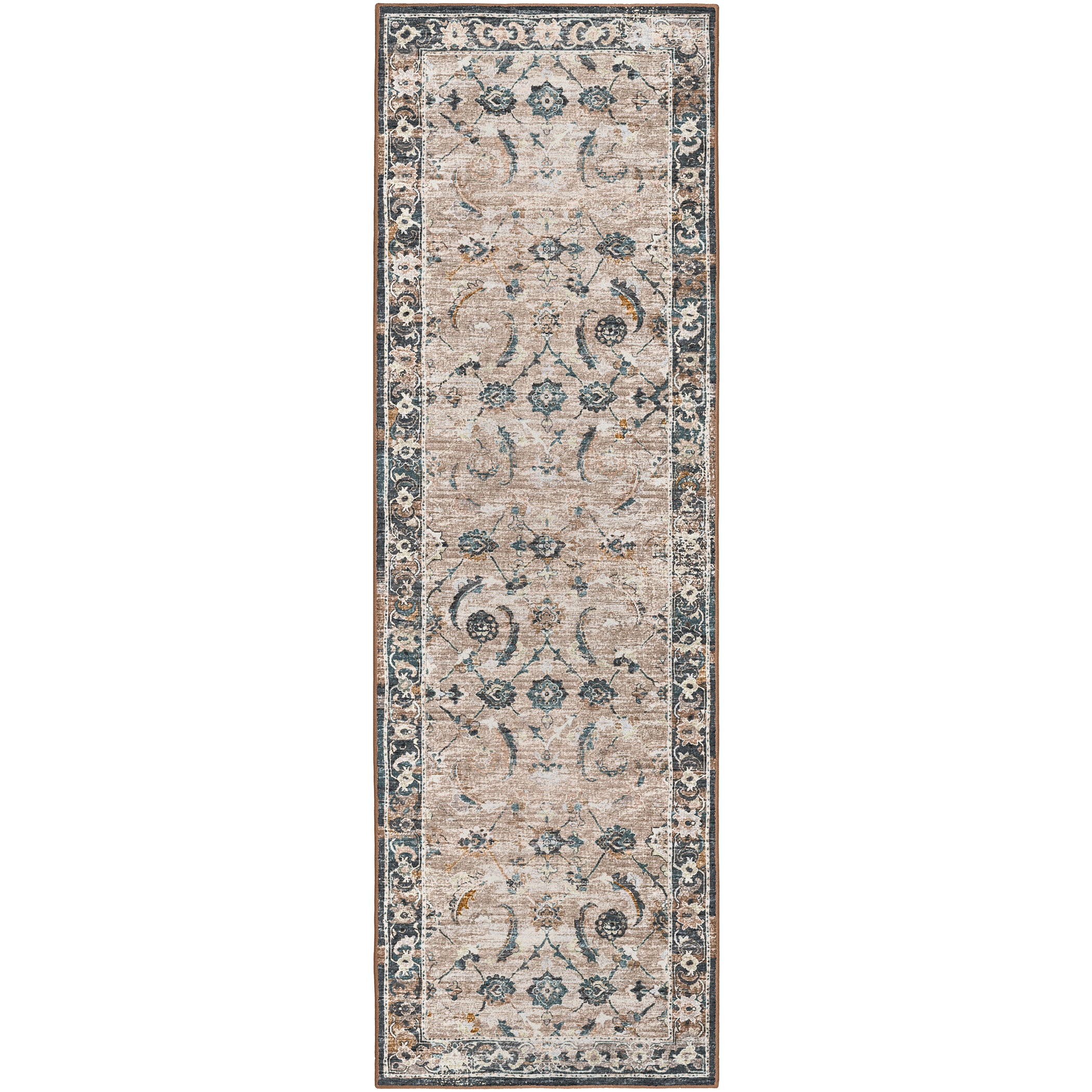 Indoor/Outdoor Traditional JC4 Taupe Blue Rug 2'6" x 10' #shape_Runner