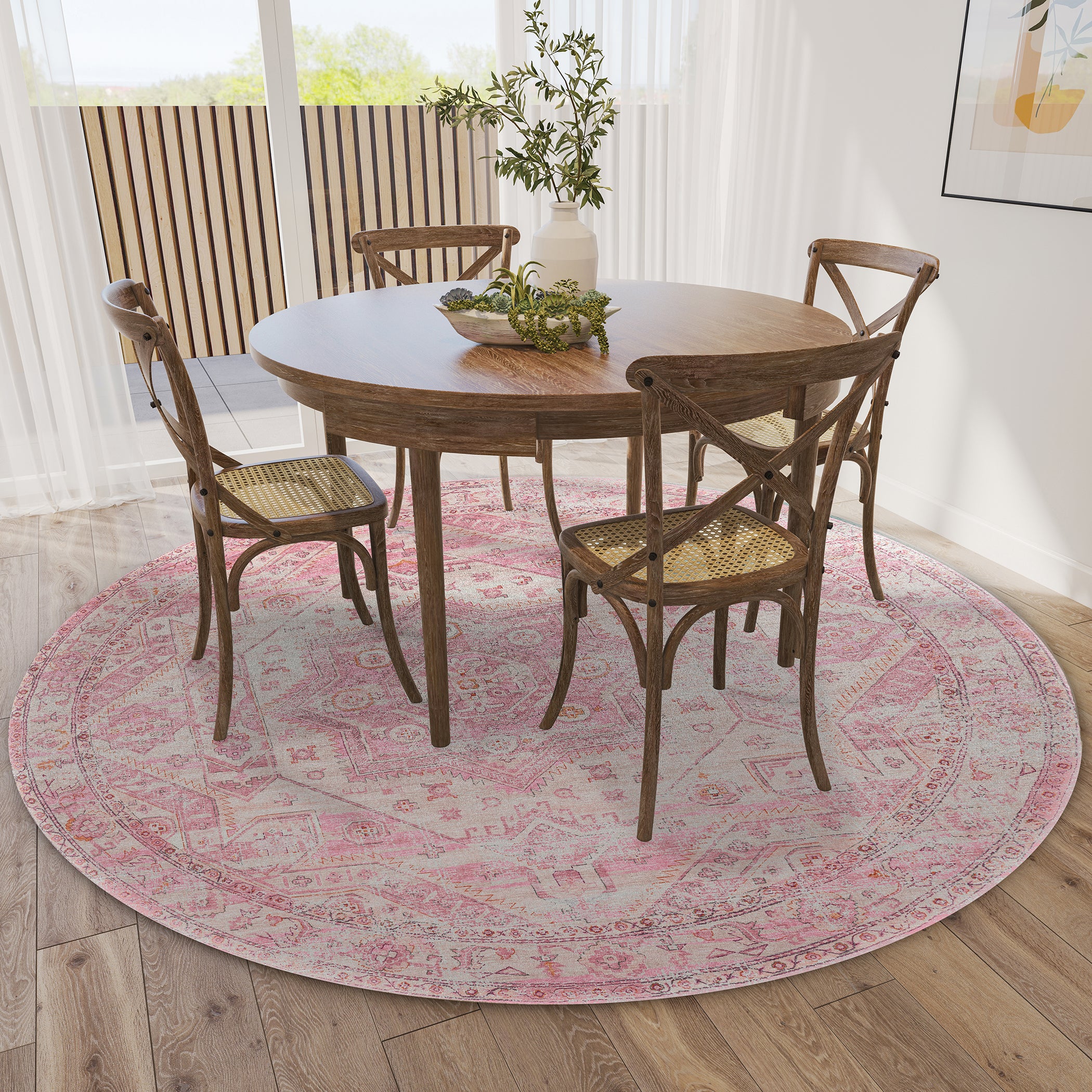 Indoor/Outdoor Traditional JC5 Rose Pink Rug 4' x 4' #shape_Round