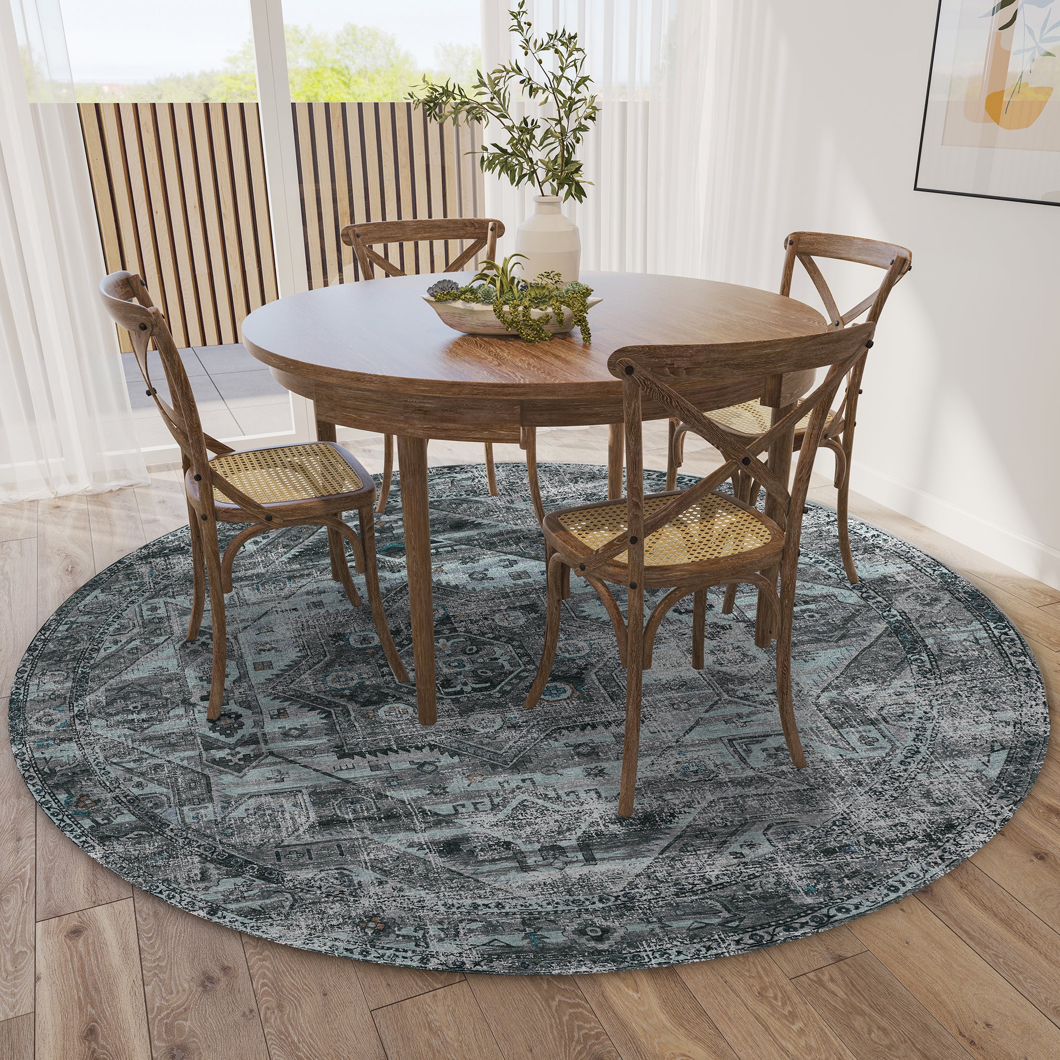 Indoor/Outdoor Traditional JC5 Steel Gray Rug 4' x 4' #shape_Round