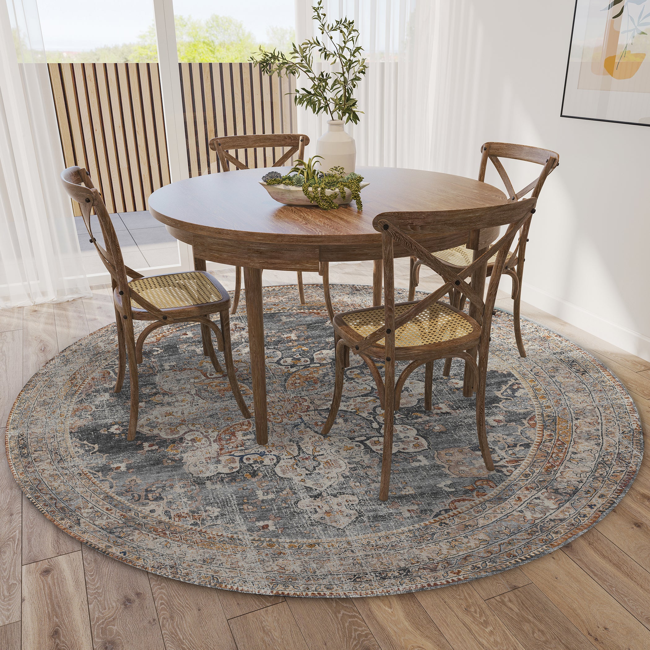 Indoor/Outdoor Traditional JC6 Charcoal Gray Rug 4' x 4' #shape_Round
