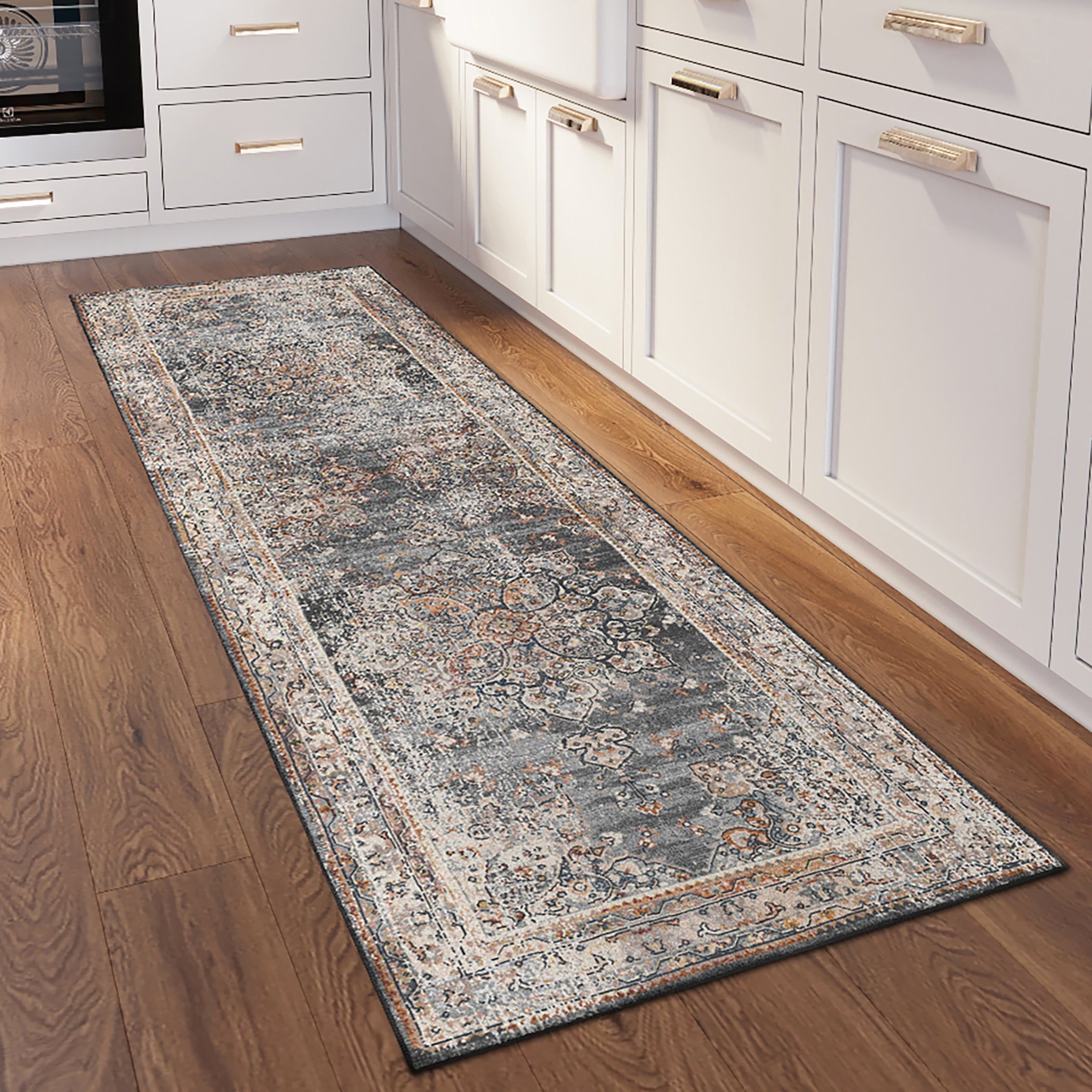 Indoor/Outdoor Traditional JC6 Charcoal Gray Rug 2'6" x 10' #shape_Runner