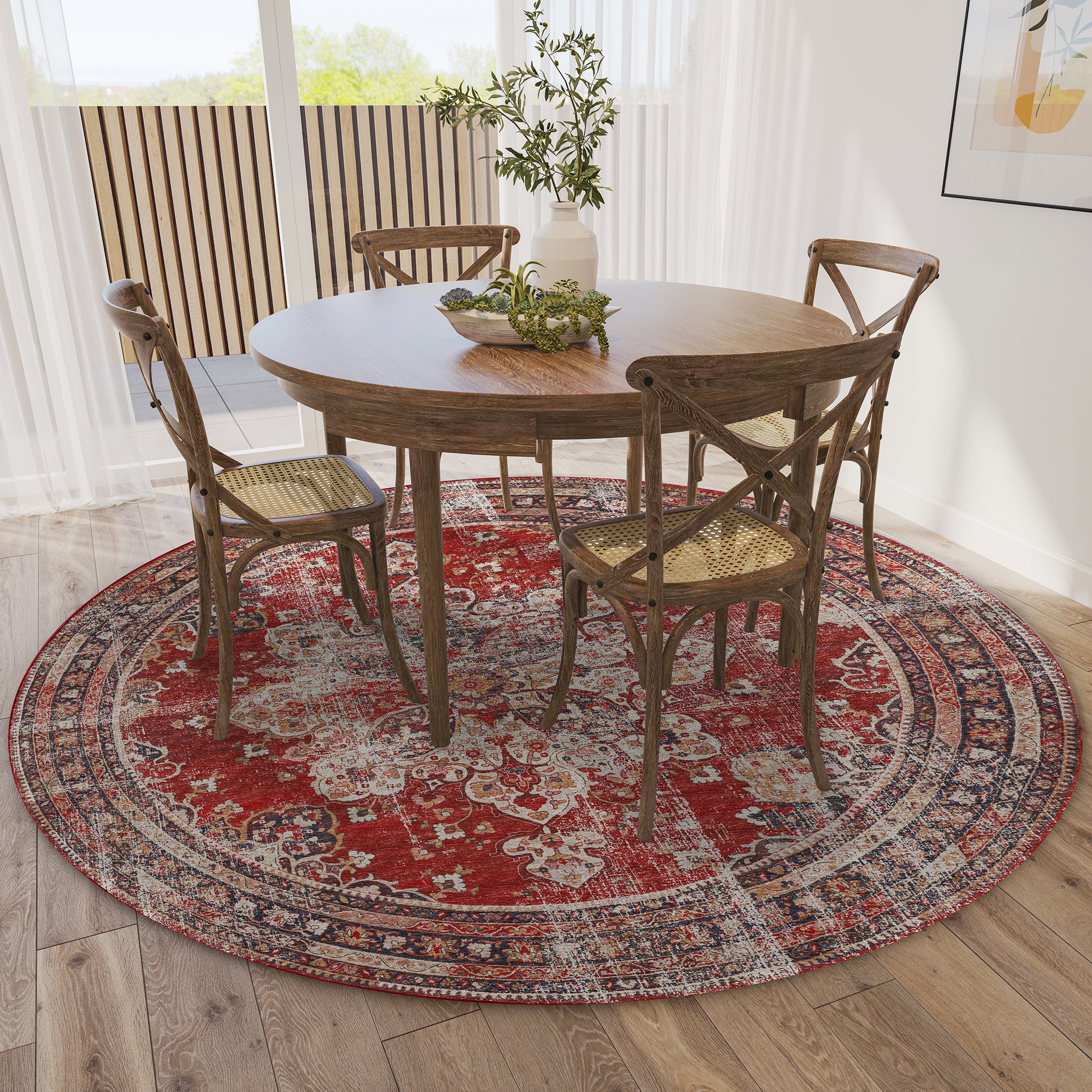 Indoor/Outdoor Traditional JC6 Garnet Red Rug 4' x 4' #shape_Round
