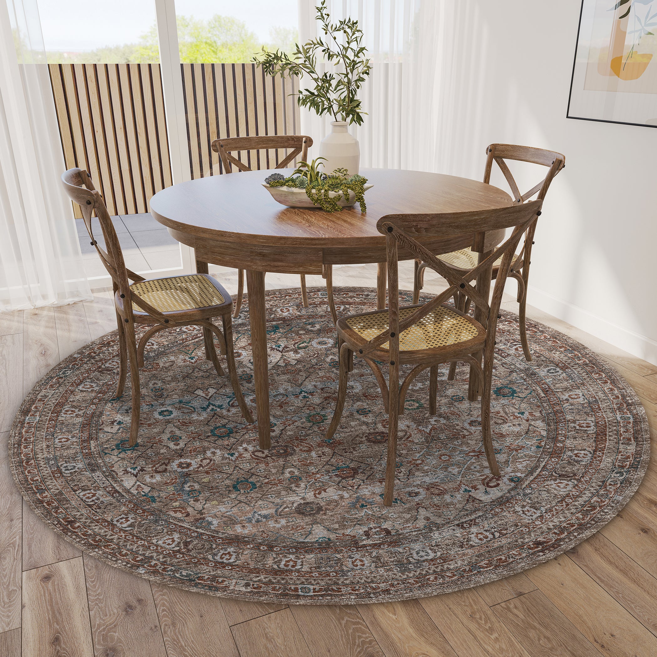 Indoor/Outdoor Traditional JC7 Latte Multi Rug 4' x 4' #shape_Round