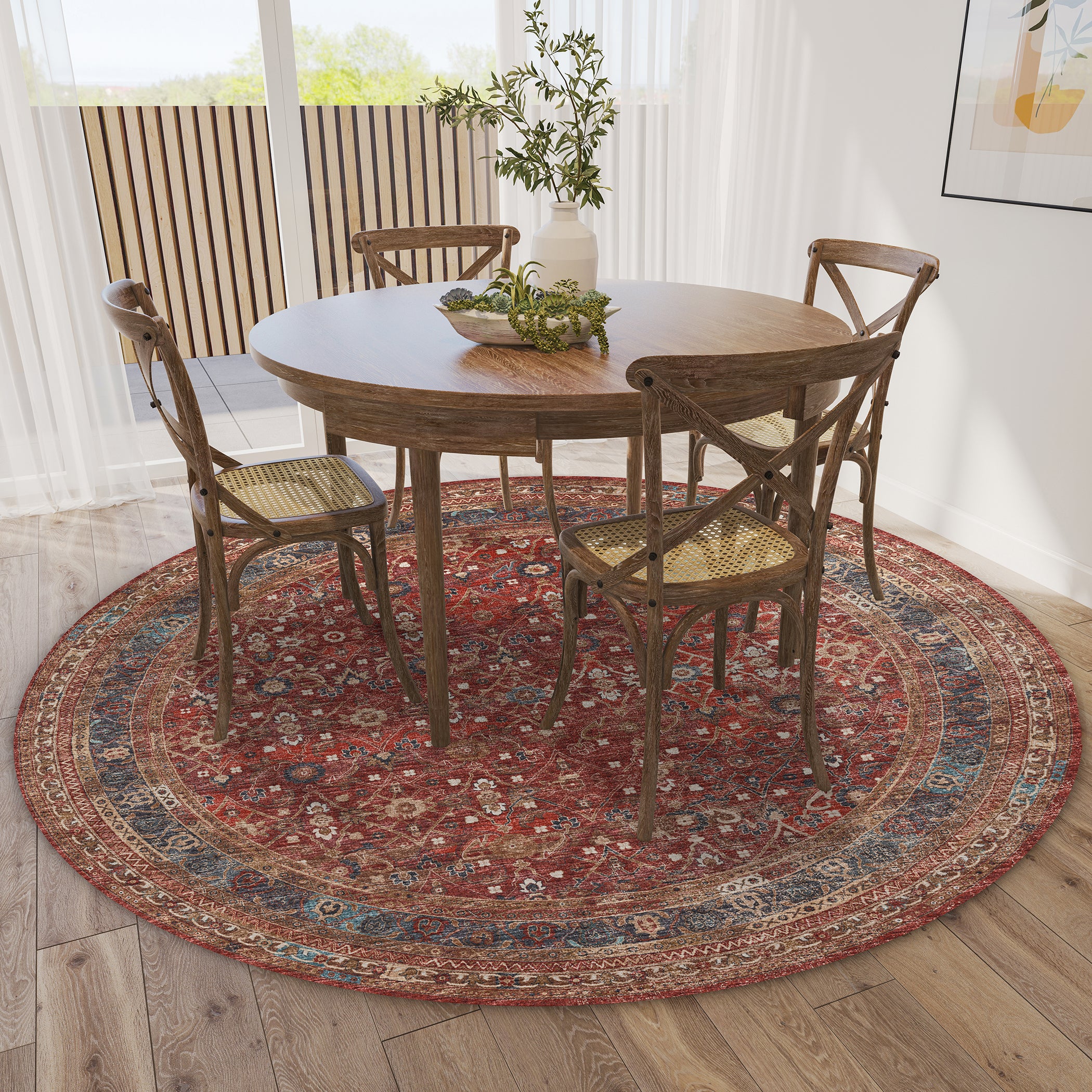 Indoor/Outdoor Traditional JC7 Scarlett Red Rug 4' x 4' #shape_Round